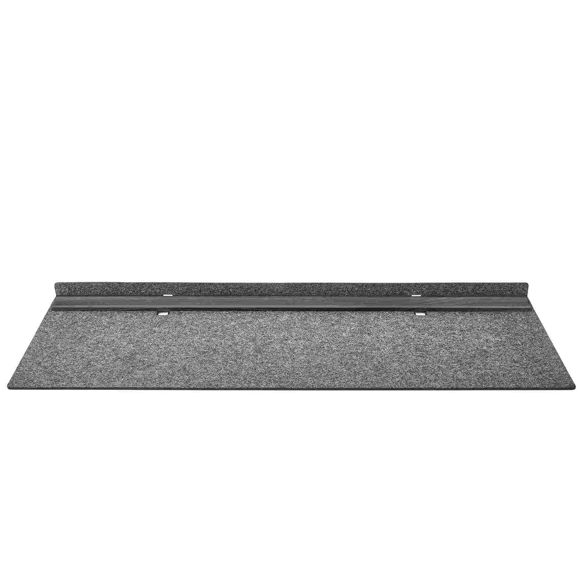 Metal and dark merino wool felt studio desk pad with built in display rail and solid blackened walnut tray.