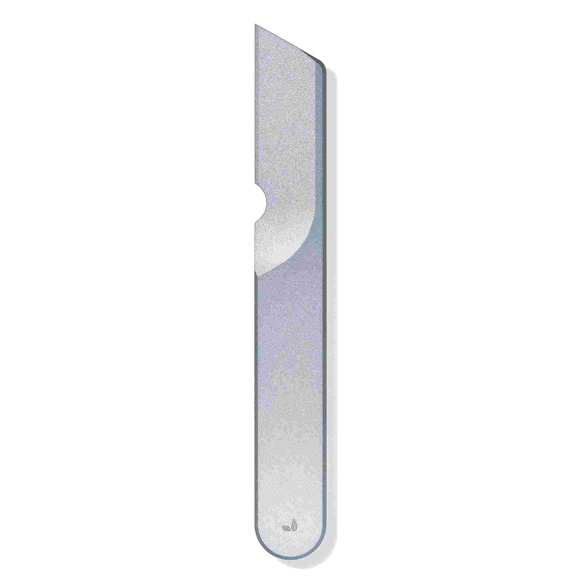 White background overhead image of sculptural black task knife.