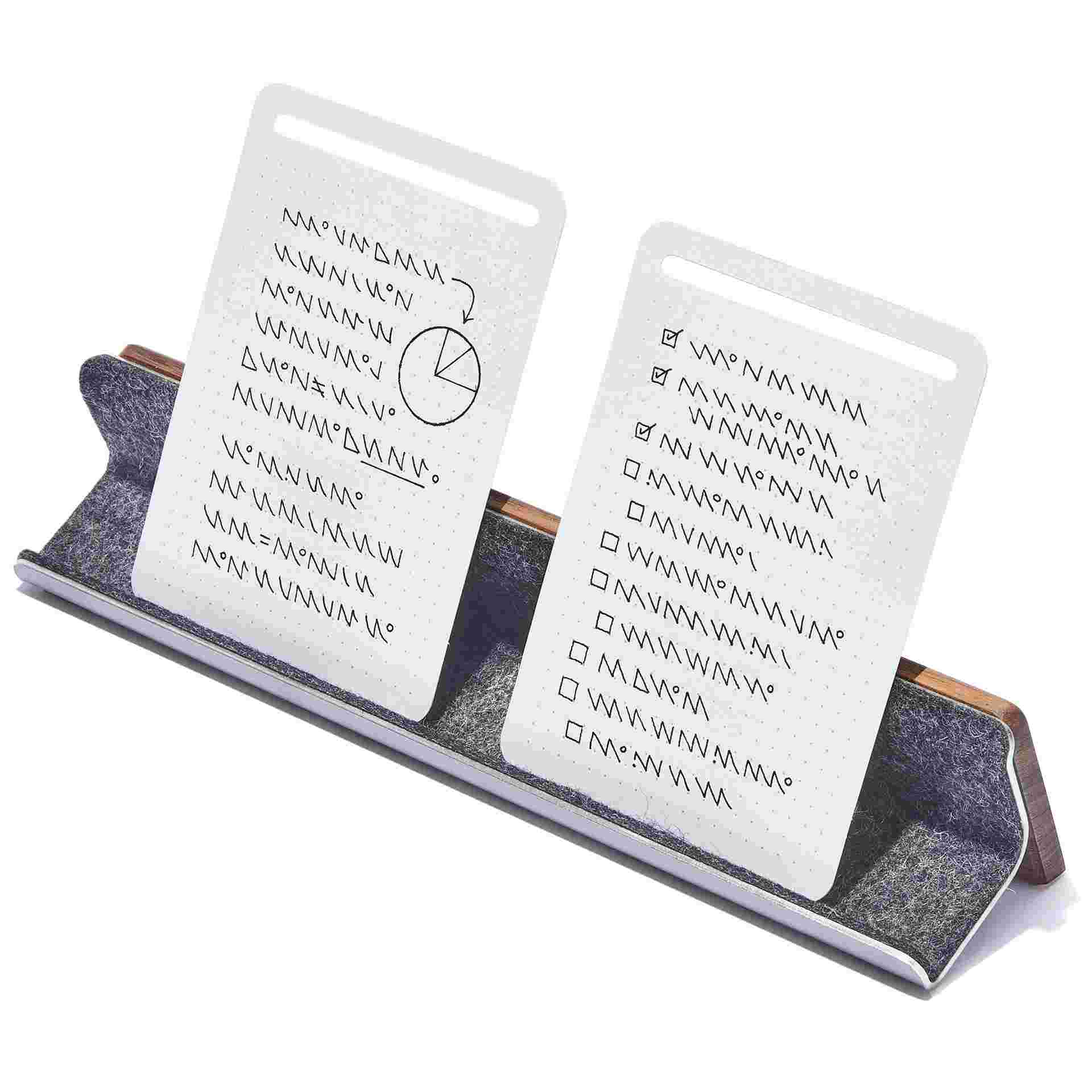 The Walnut Display Rail, in use with two notecards.