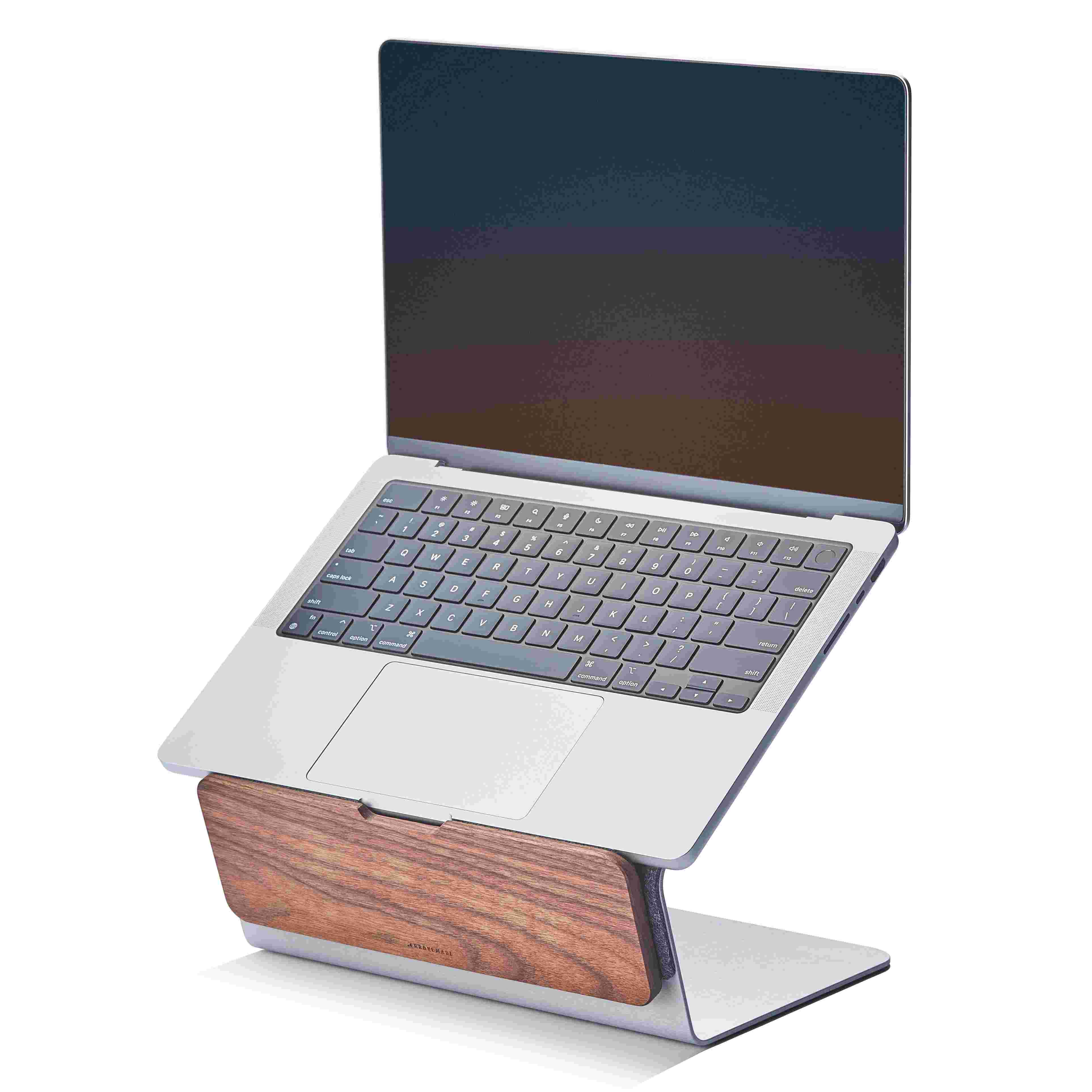 Walnut laptop riser for MacBook.