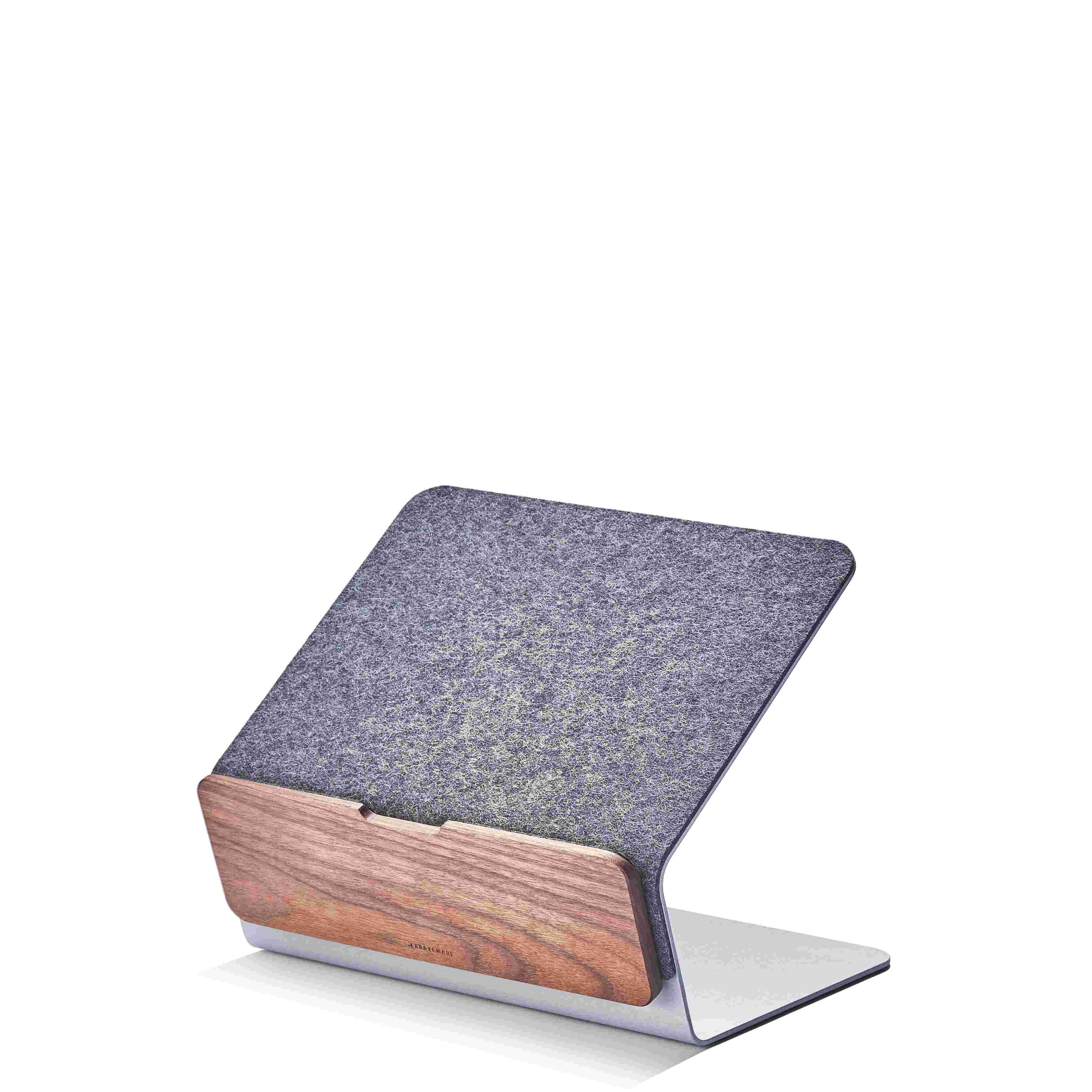 Wood laptop stand with wool felt lining.