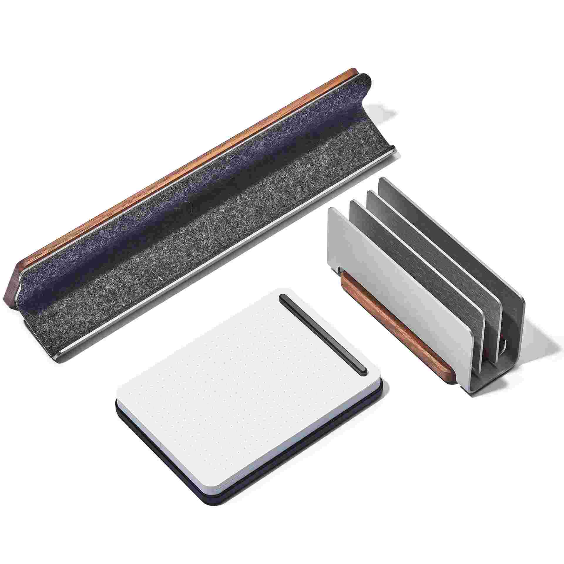 The three pieces of the Walnut Note Taking Kit—Display Rail, Organizer, and Notepad.