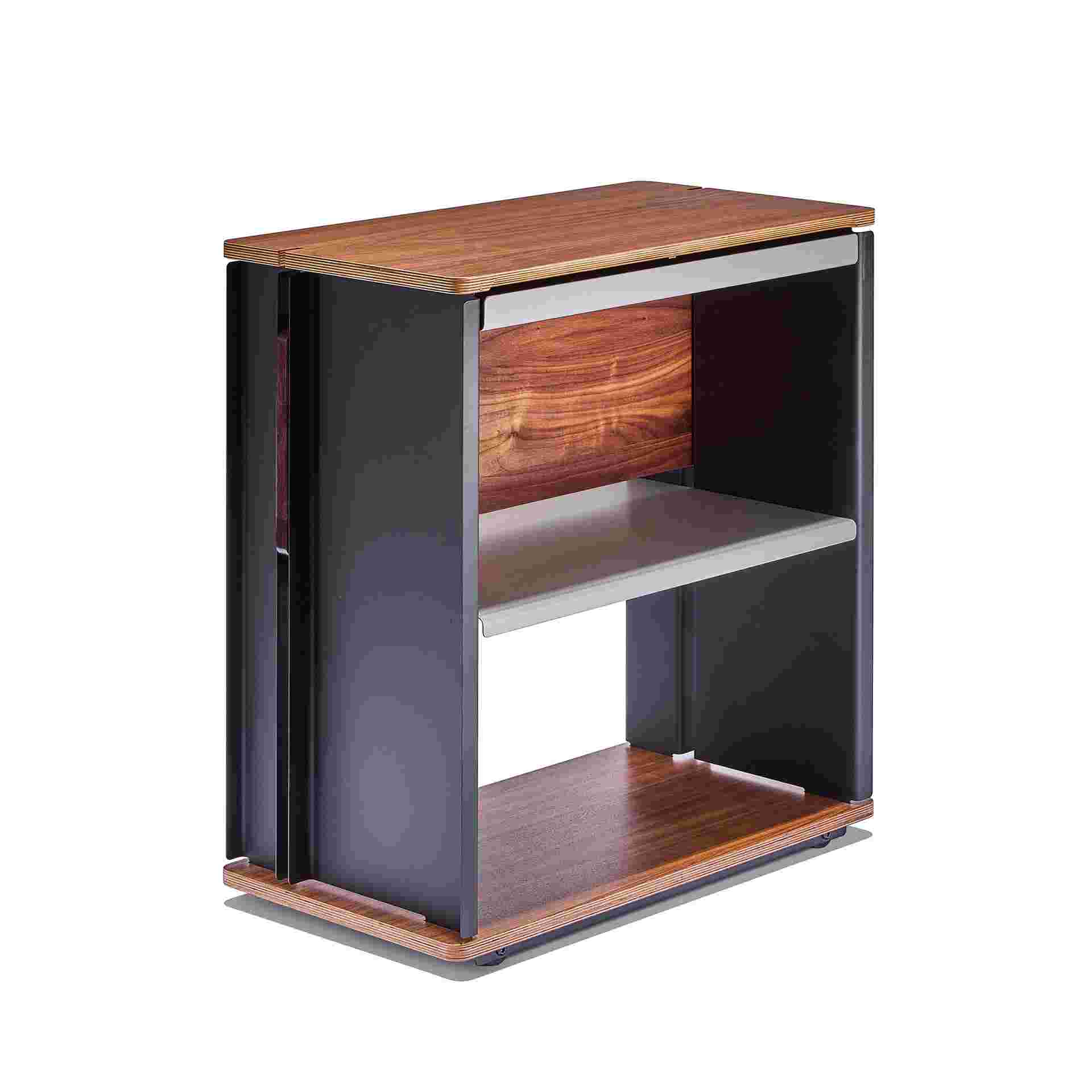 3/4 view of walnut plywood desk cart