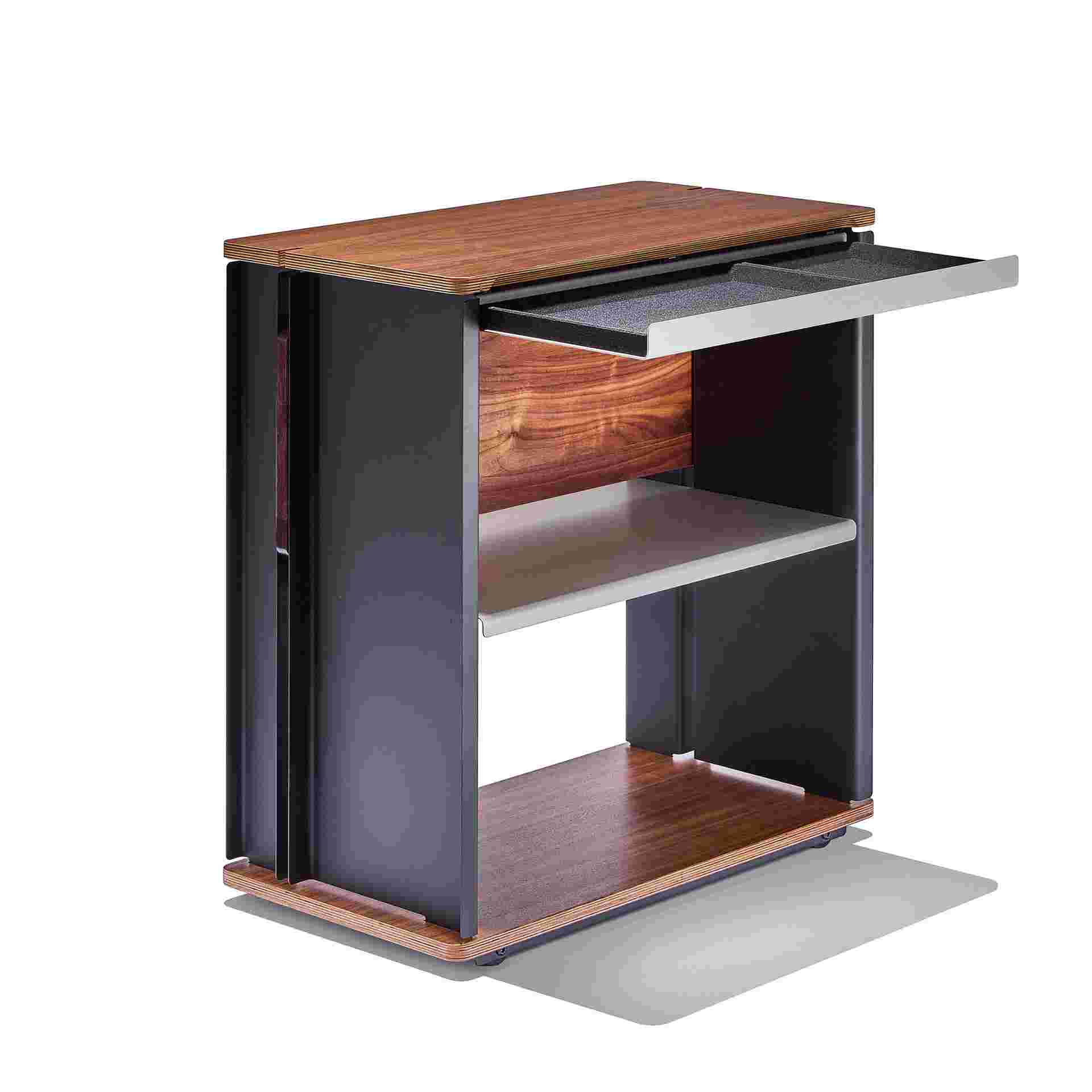 3/4 view of walnut plywood desk cart with cork drawer extended.
