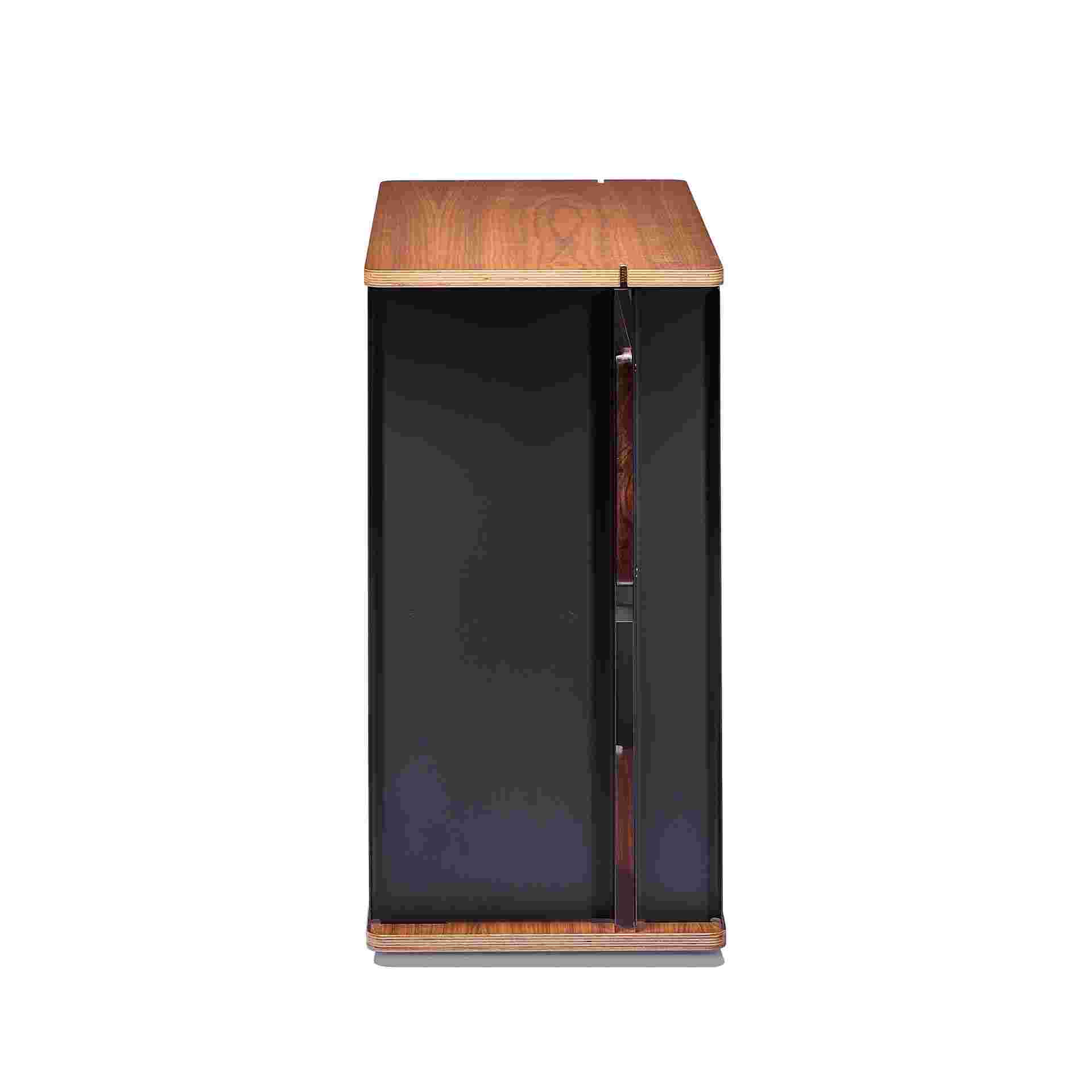 Profile view of walnut plywood desk cart.