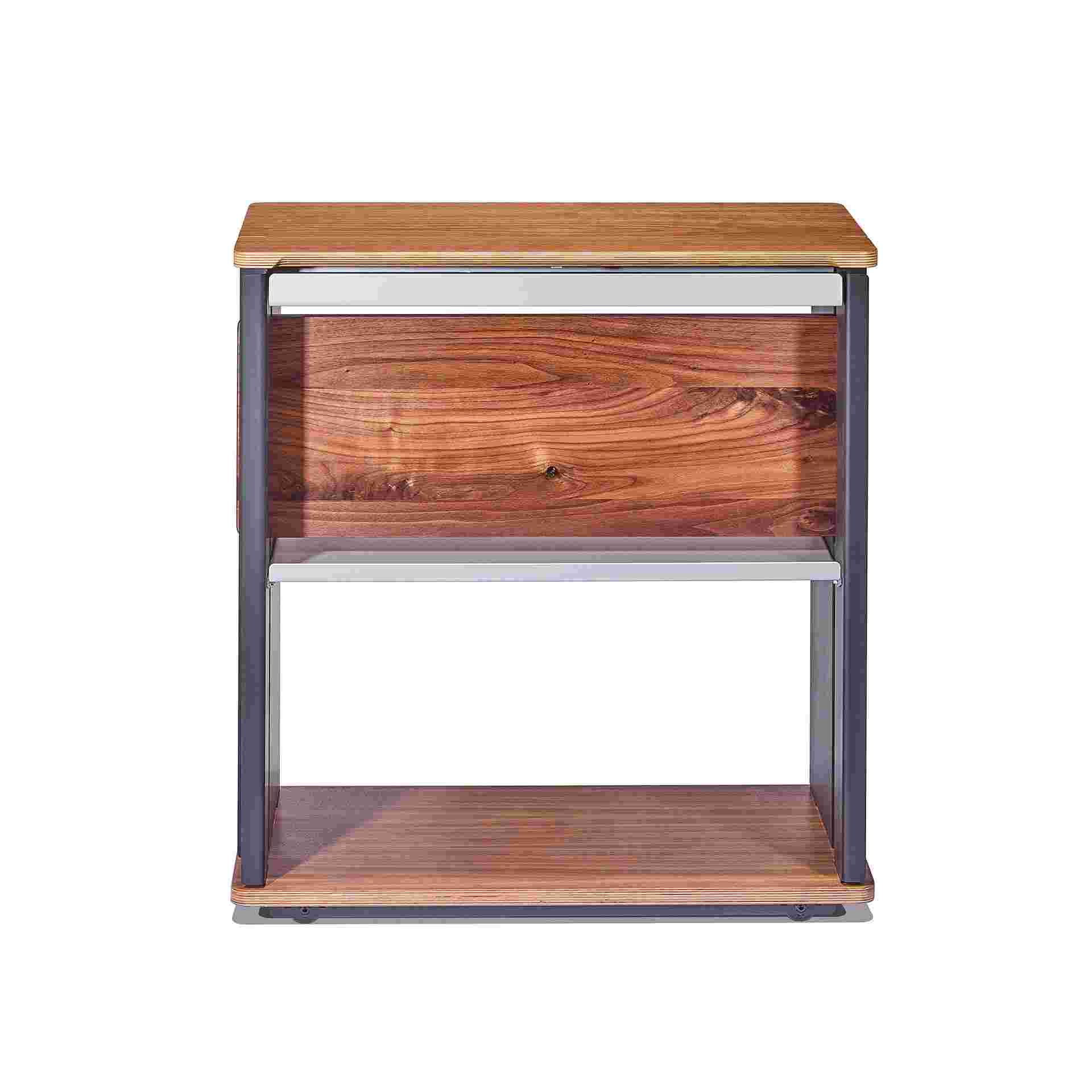 Back view of walnut plywood desk cart.