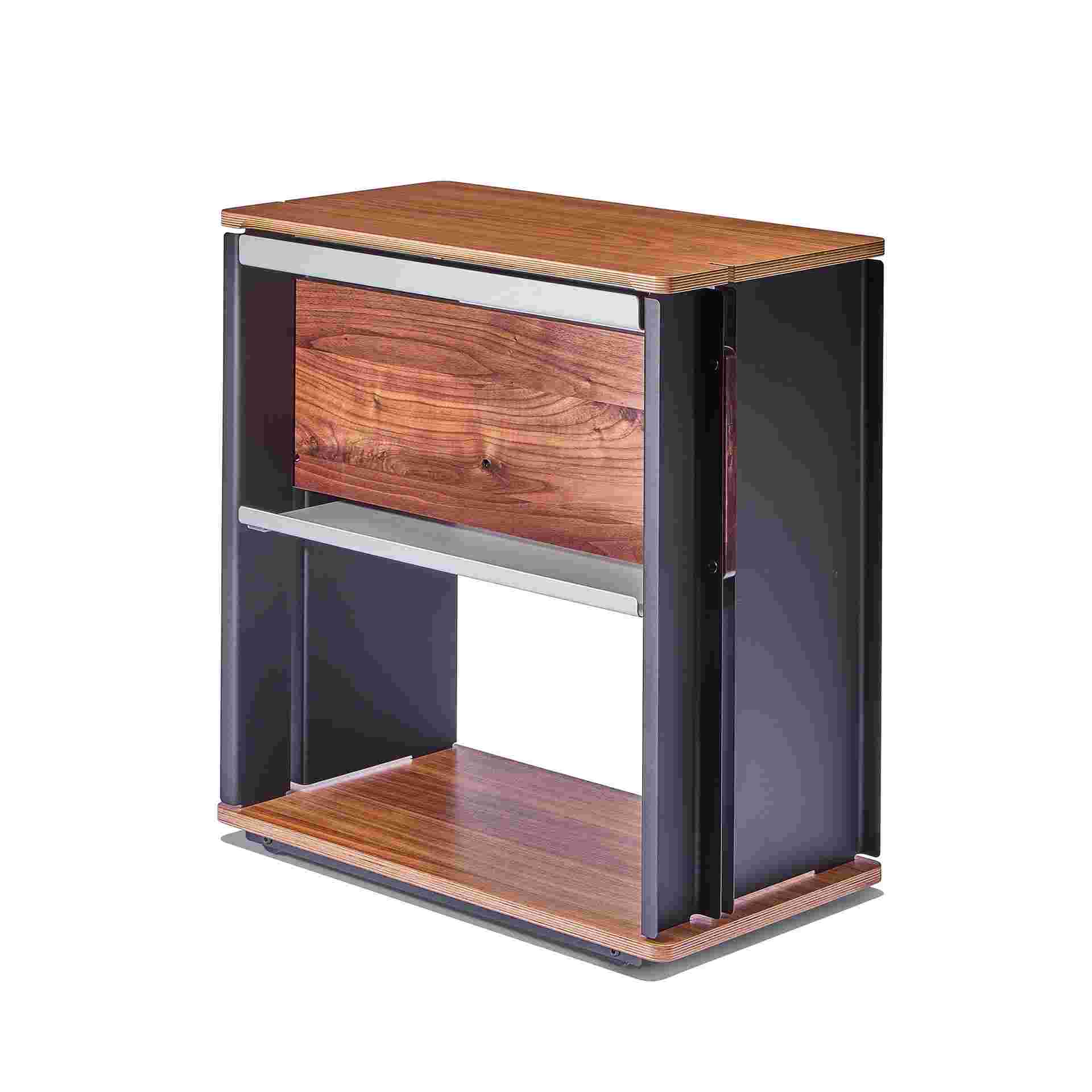 Reverse 3/4 view of back side of the walnut plywood desk cart.