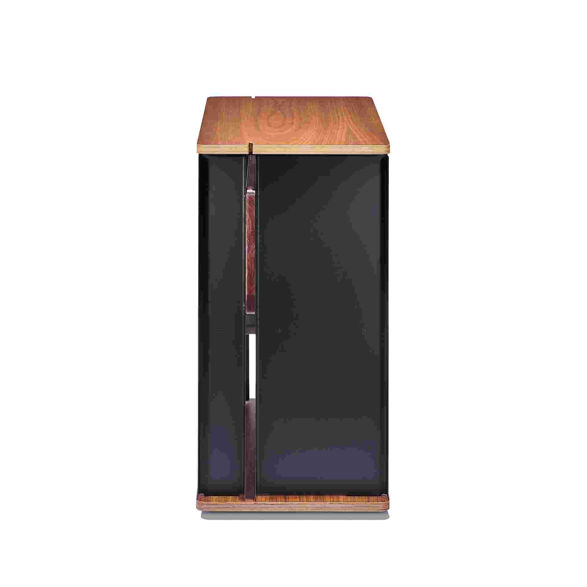 Reverse profile view of walnut plywood desk cart.