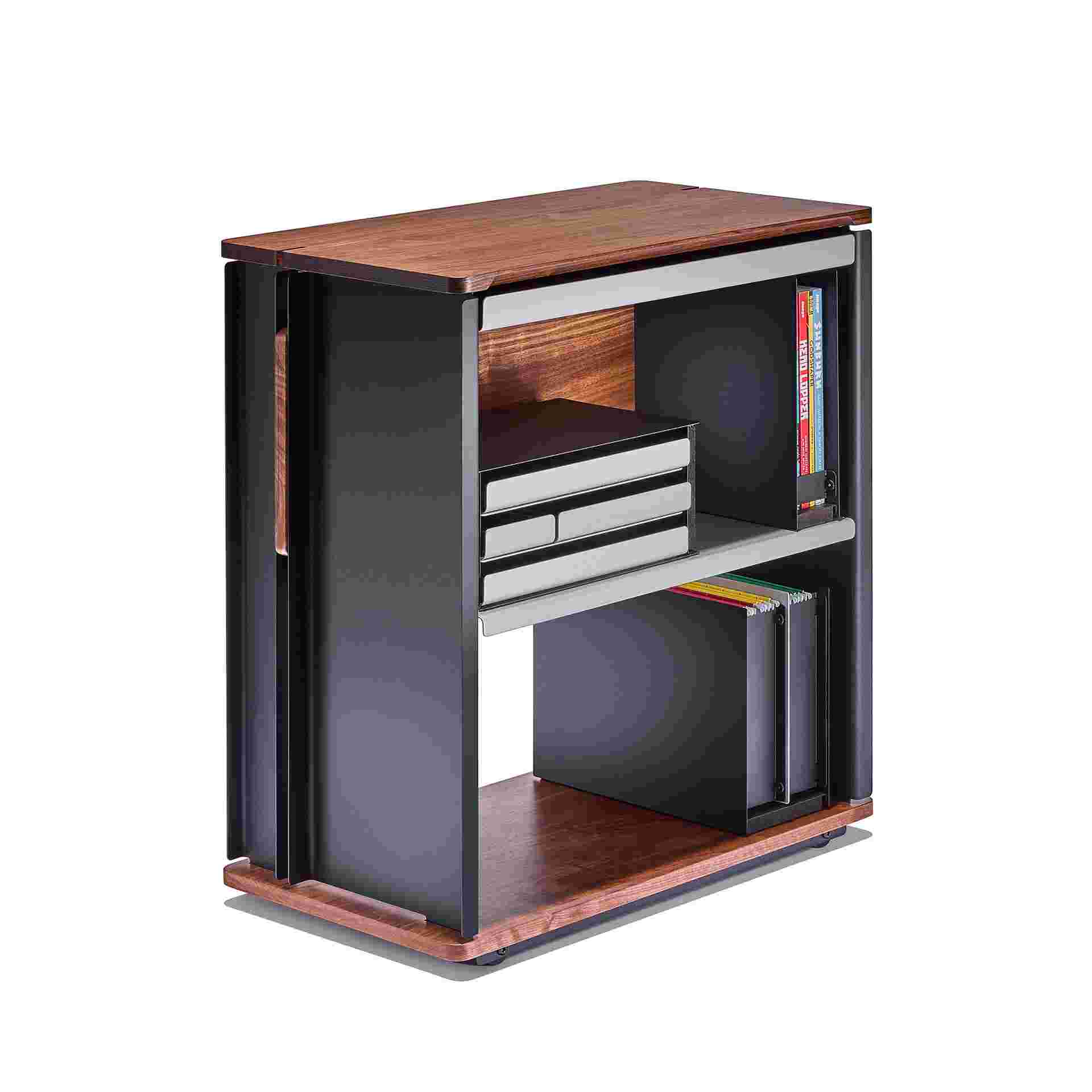 3/4 view of solid walnut desk cart with various storage accessories.