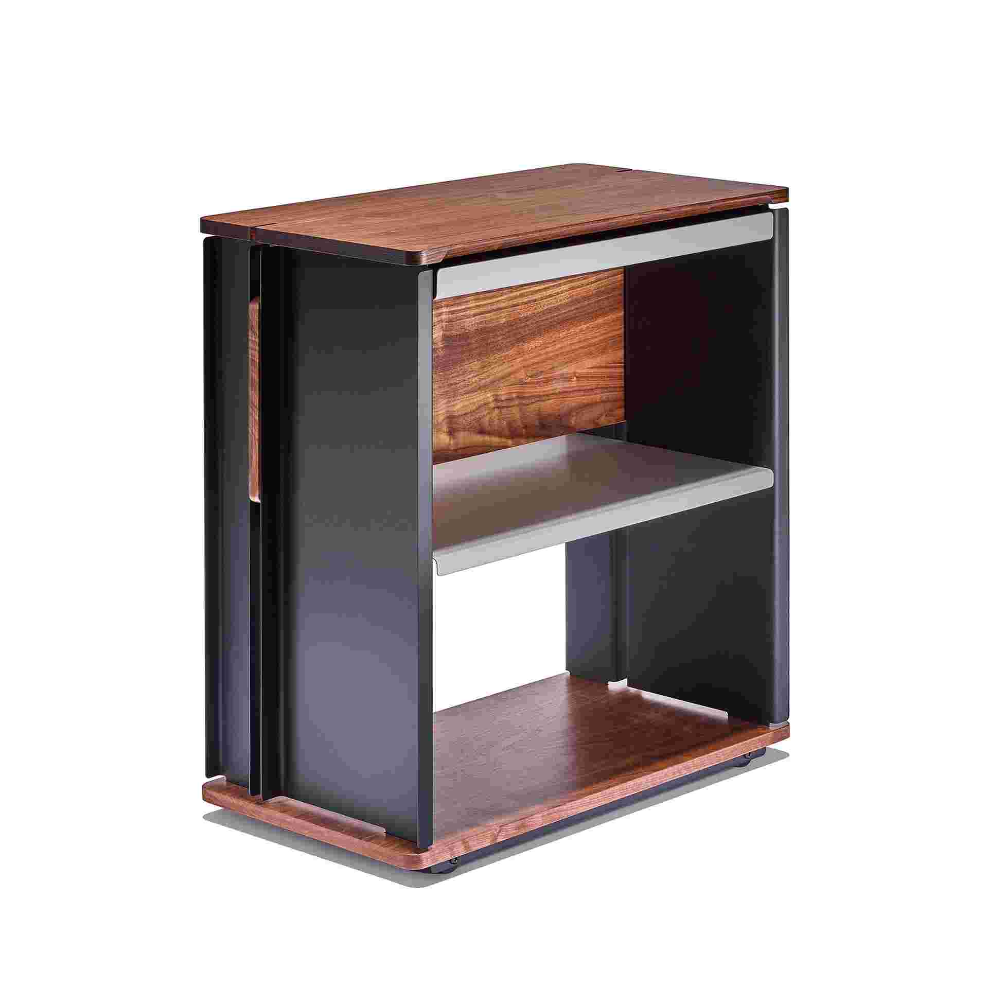 3/4 view of solid walnut desk cart.