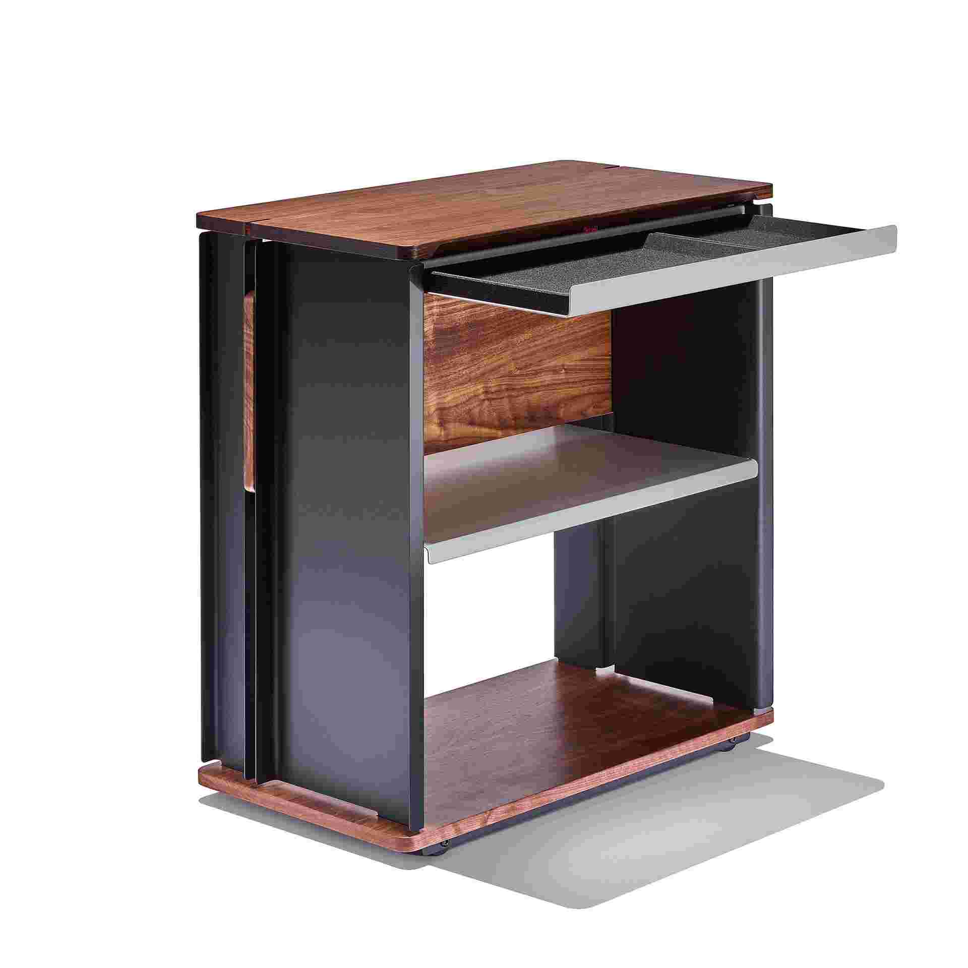 3/4 view of solid walnut desk cart with cork drawer extended.