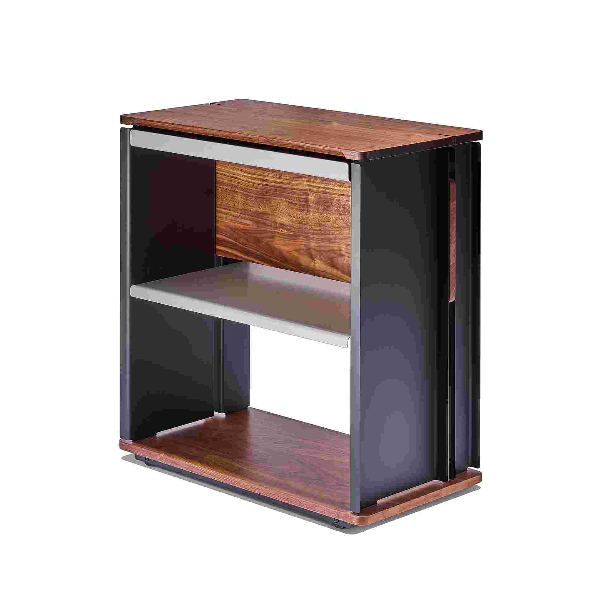 Reverse 3/4 view of solid walnut desk cart.