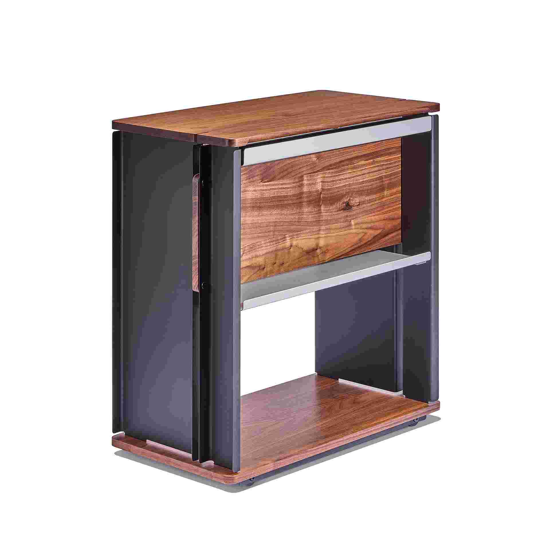 3/4 view of back side of the solid walnut desk cart.