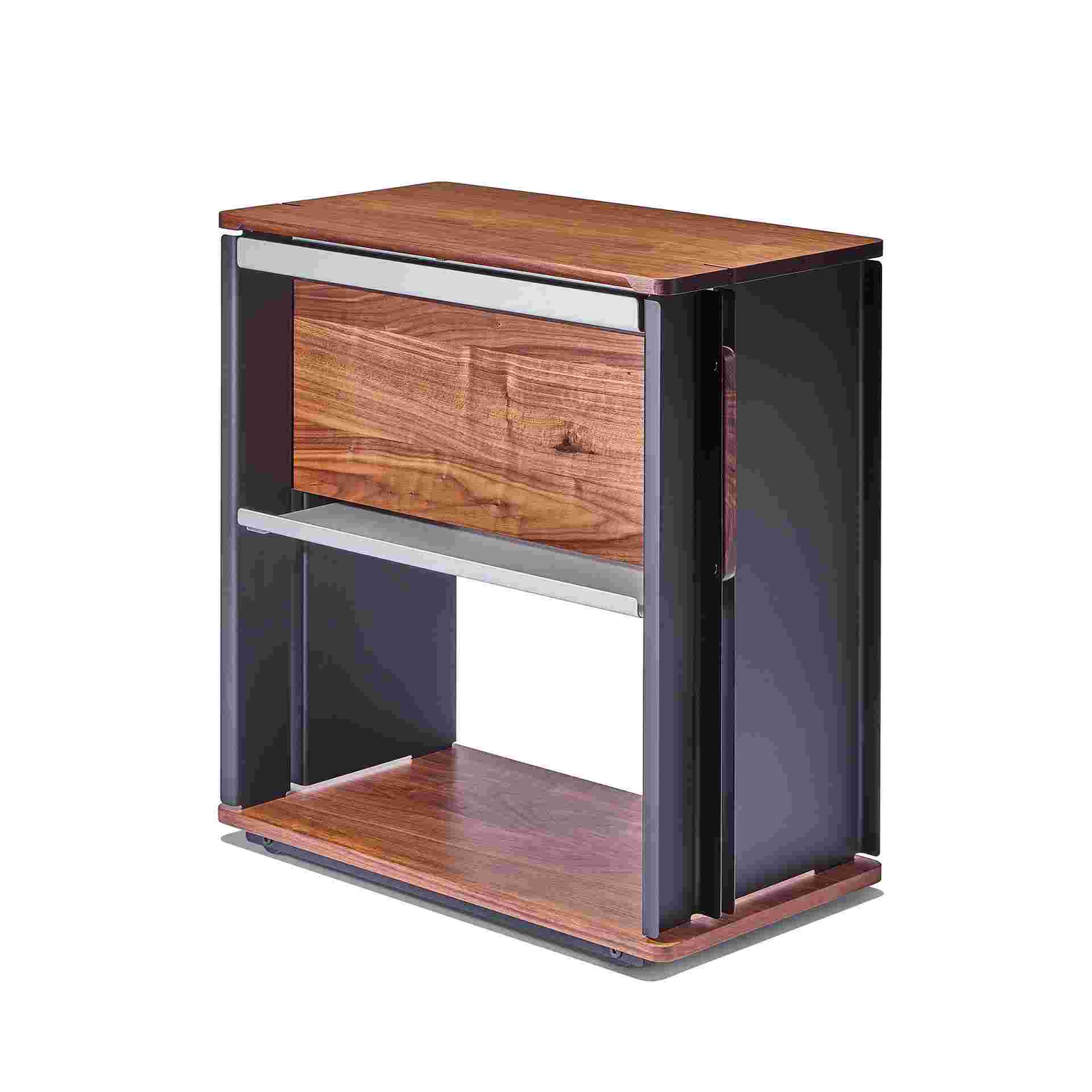 Reverse 3/4 view of back side of the solid walnut desk cart.