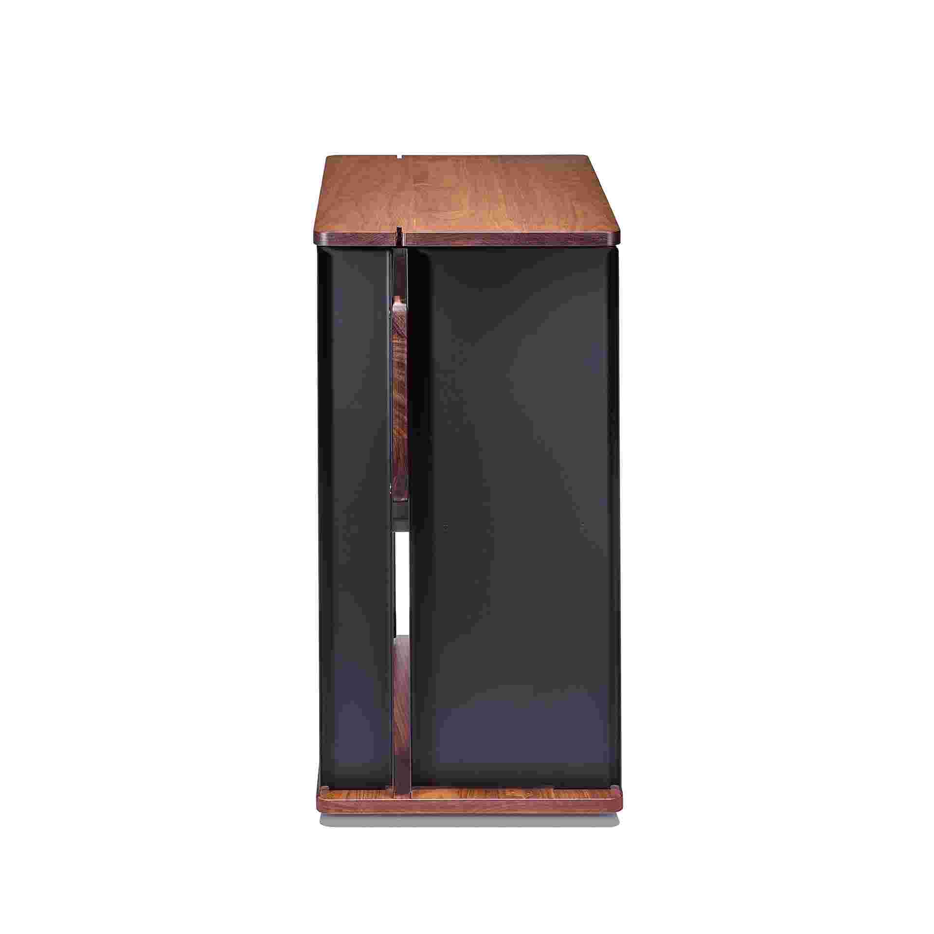 Reverse profile view of solid walnut desk cart.