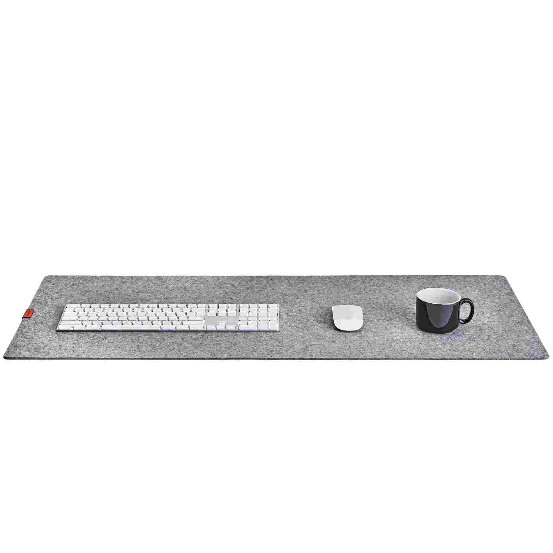The Medium Plus Wool Felt Desk Pad in light grey with the Apple Magic Keyboard with Numeric Keypad and Apple Mouse.