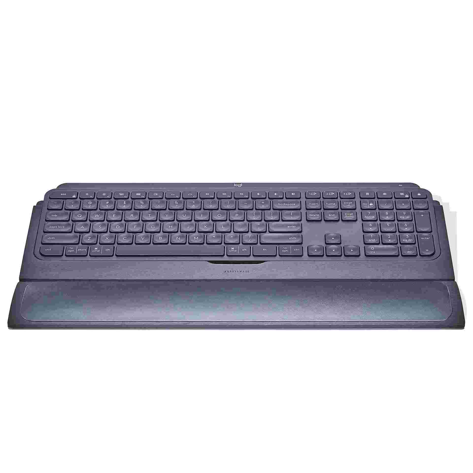 The wrist pad paired with the Walnut Keyboard Tray for MX Keys.