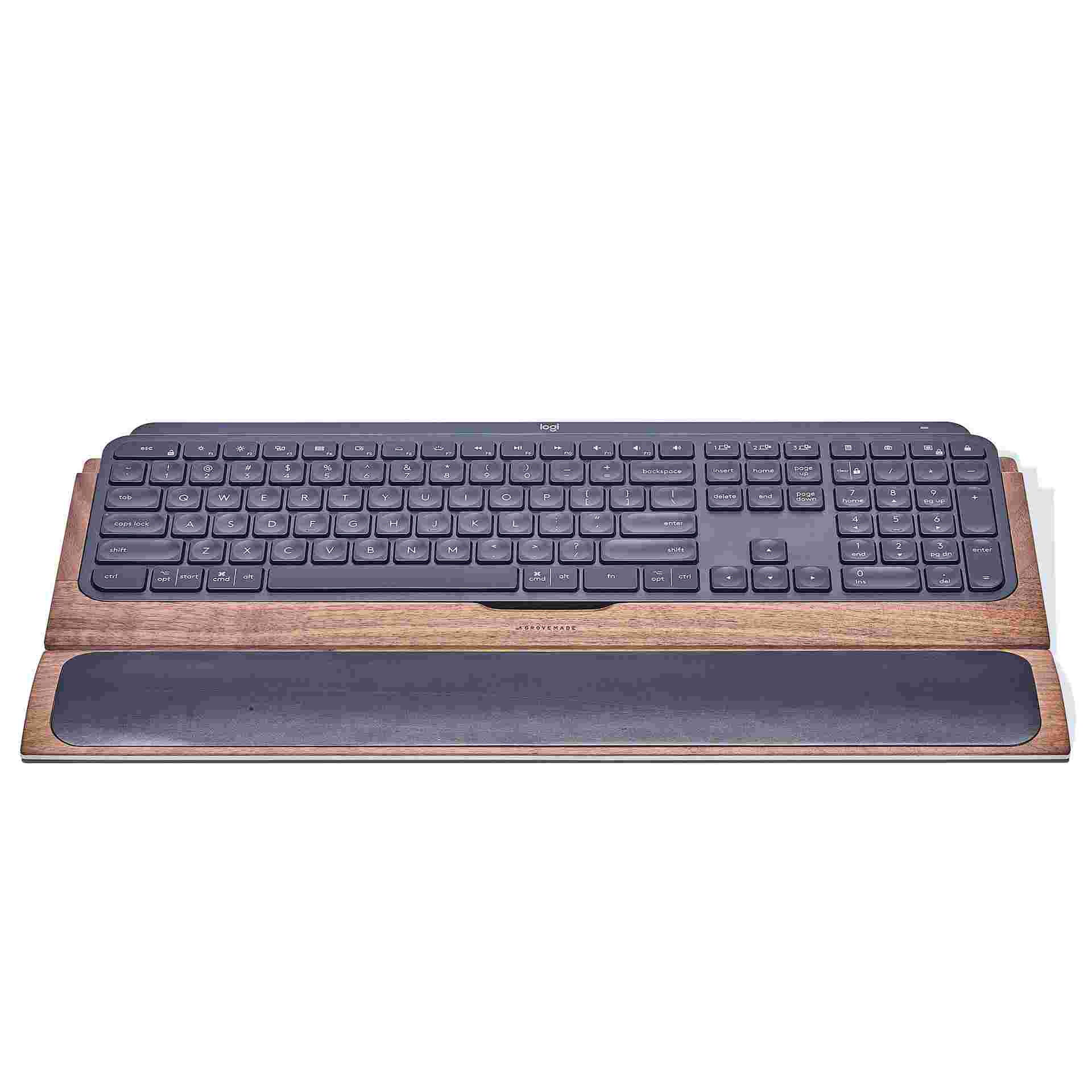 The wrist pad paired with the Walnut Keyboard Tray for MX Keys.