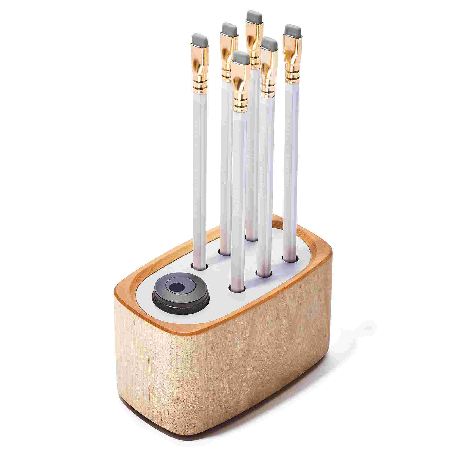 Maple pencil stand with built in sharpener for 6 pencils.