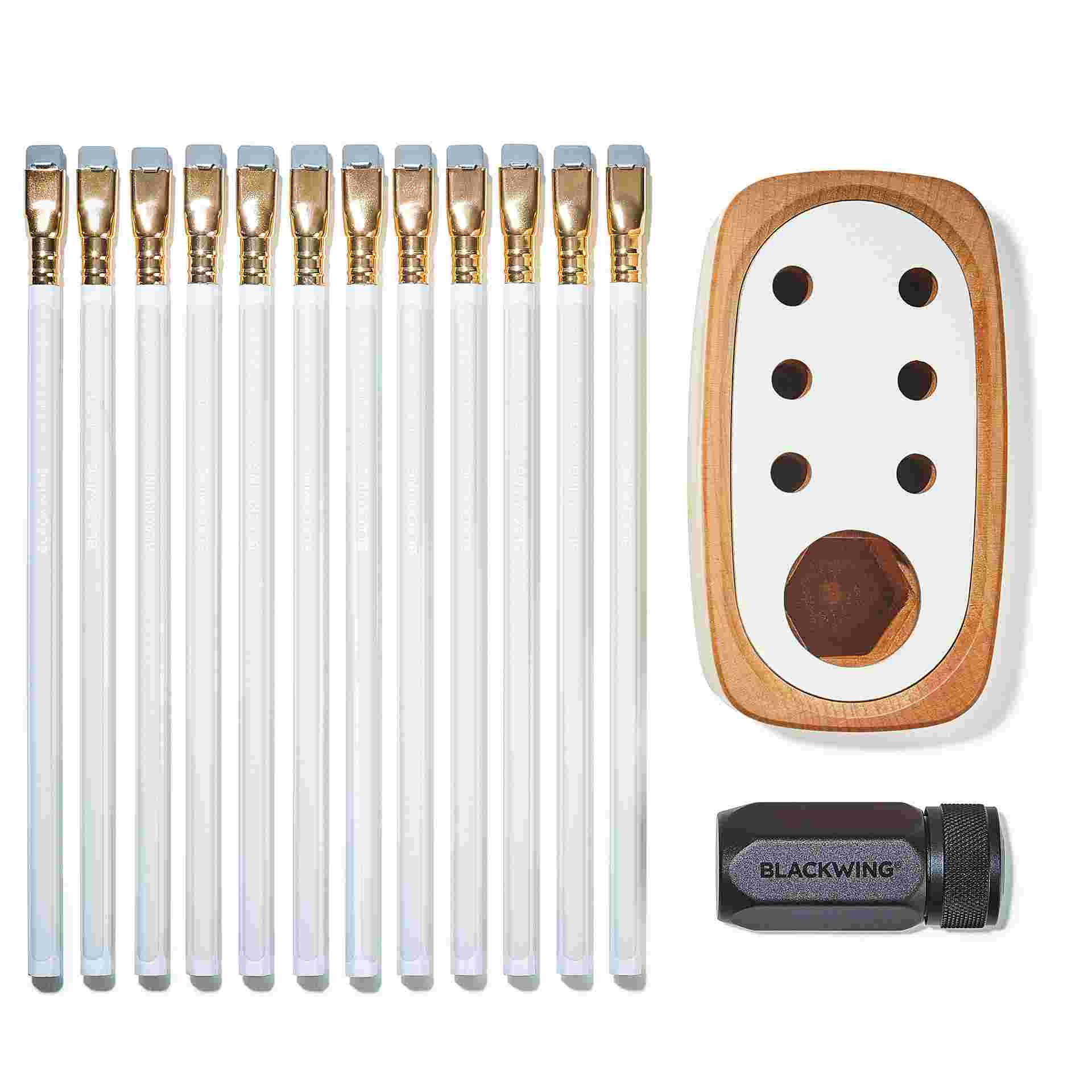 Full kit, consisting of 12 Blackwing Pencils, Blackwing Sharpener, and Grovemade Maple Pencil Stand