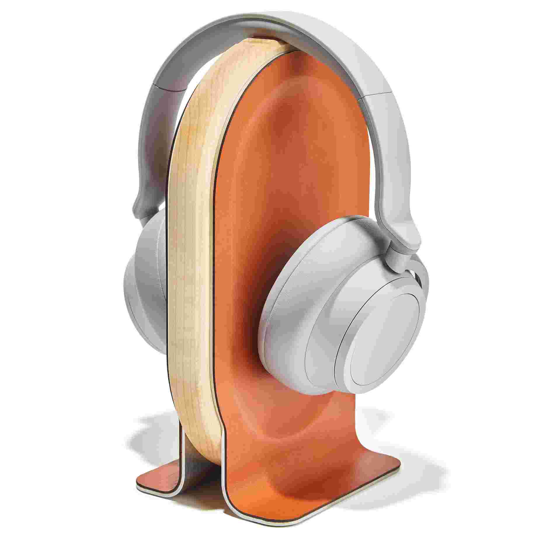3/4 view of the Maple Wood Headphone Stand featuring premium leather inlay.