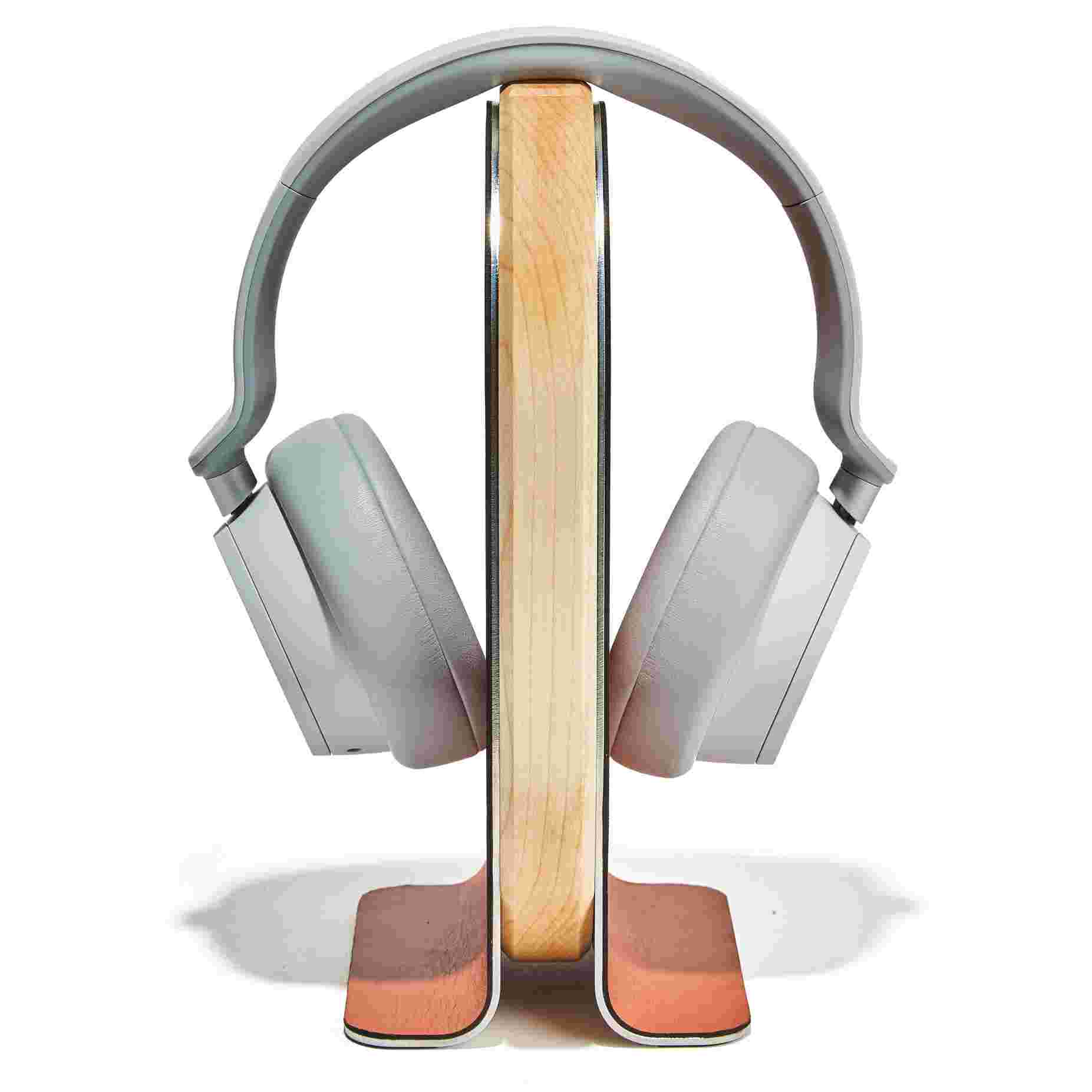 Front view of the Maple Wood Headphone Stand featuring premium leather inlay.