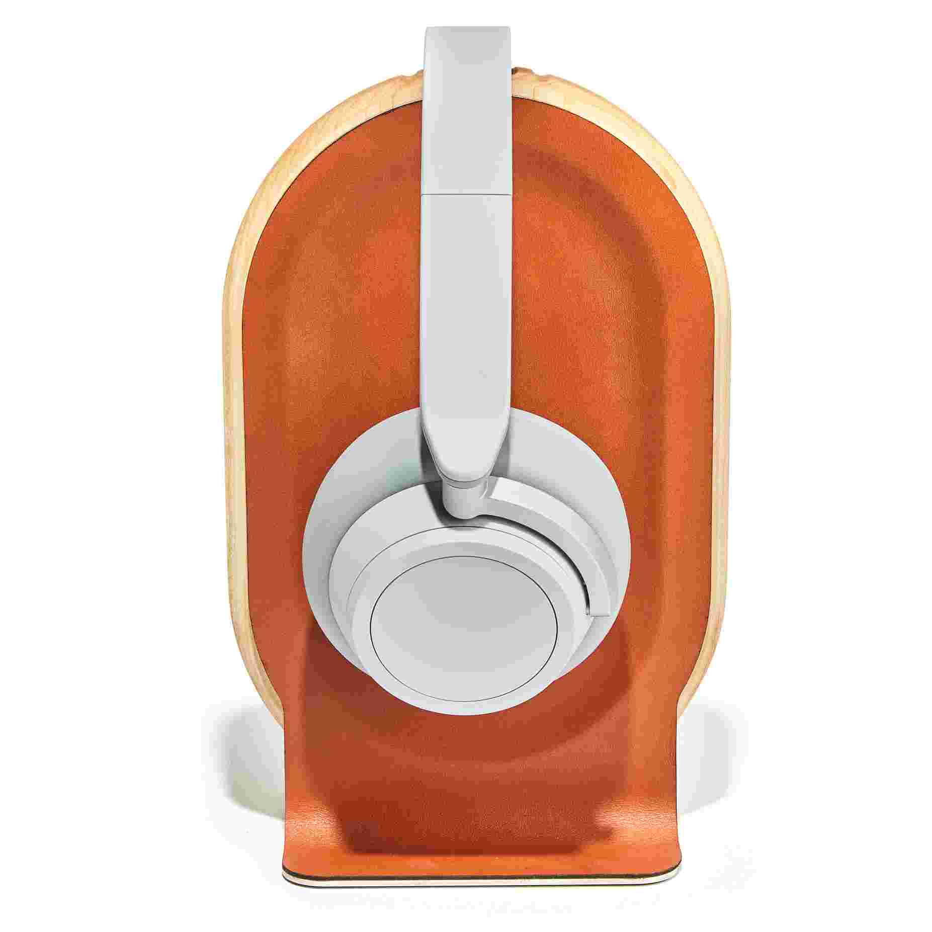 Side view of the Maple Wood Headphone Stand featuring premium leather inlay.