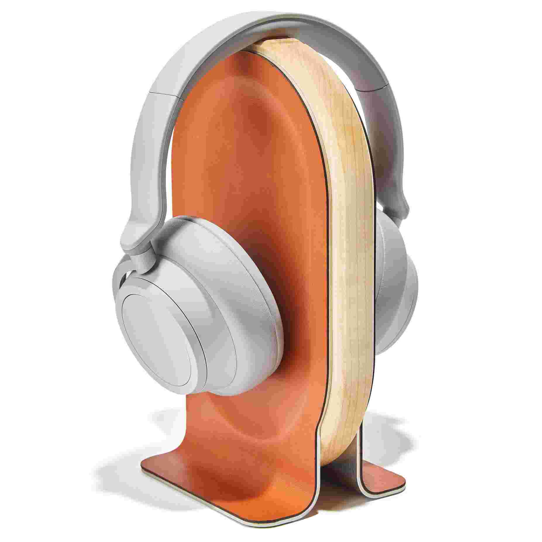 Rotation view of the Maple Wood Headphone Stand featuring premium leather inlay.