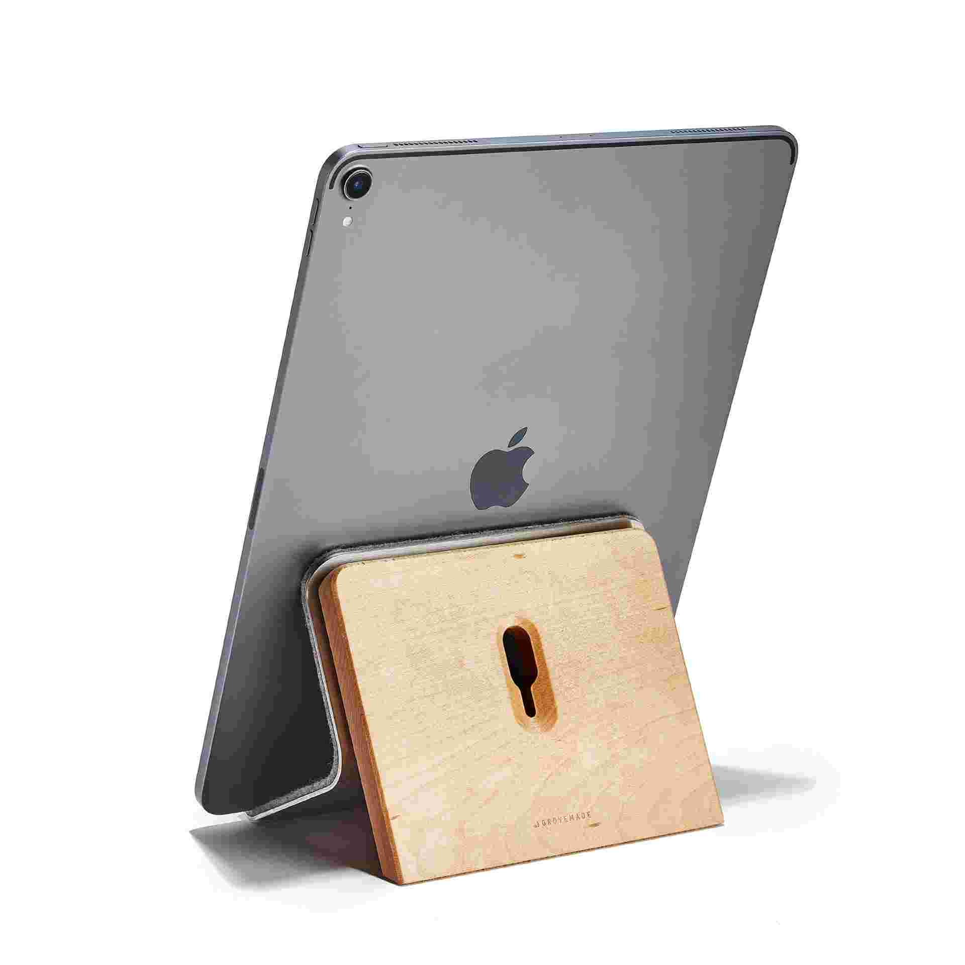Rear view of Maple iPad Stand with 12.9" iPad Pro.