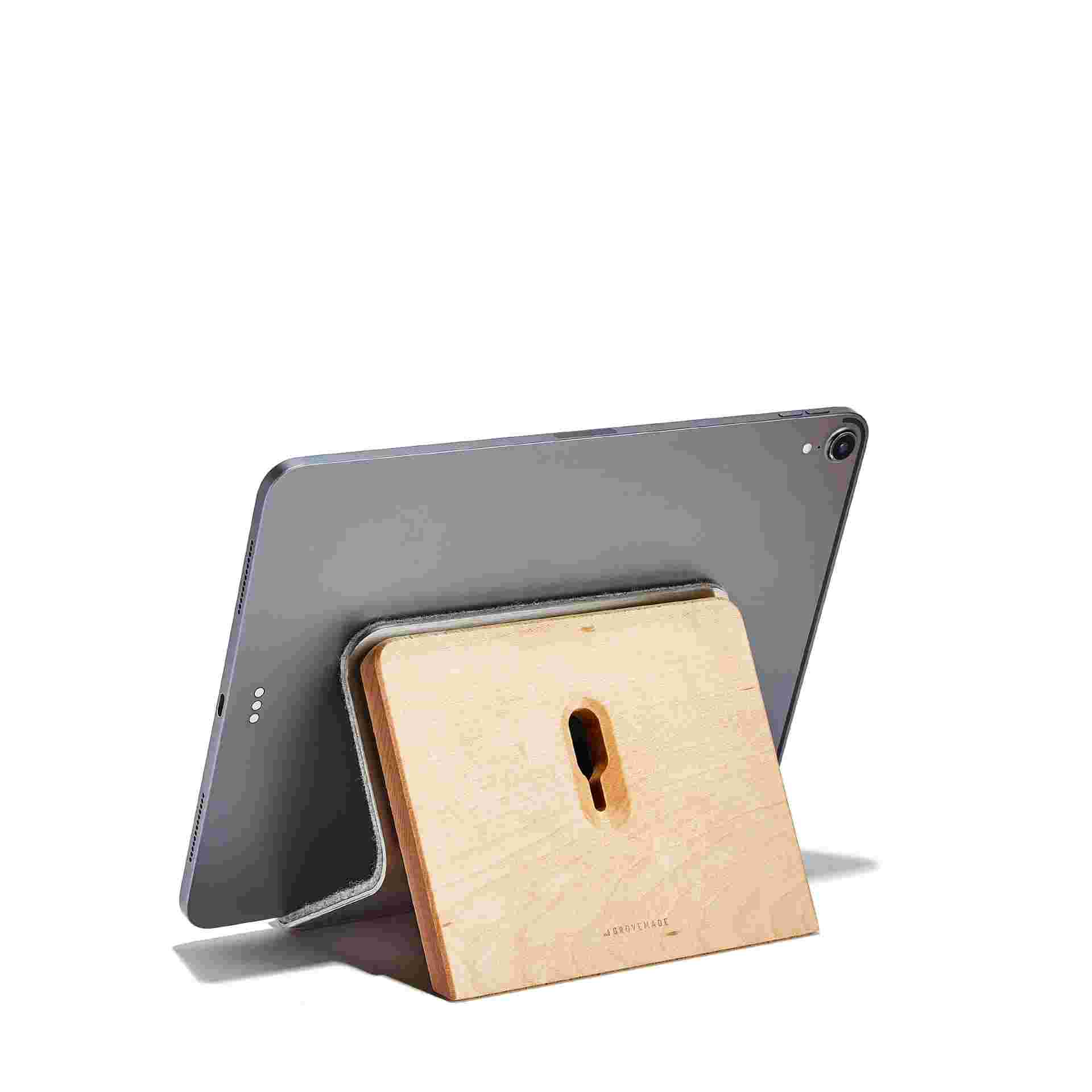 Rear view of Maple iPad Stand with 11" iPad Pro in landscape orientation.