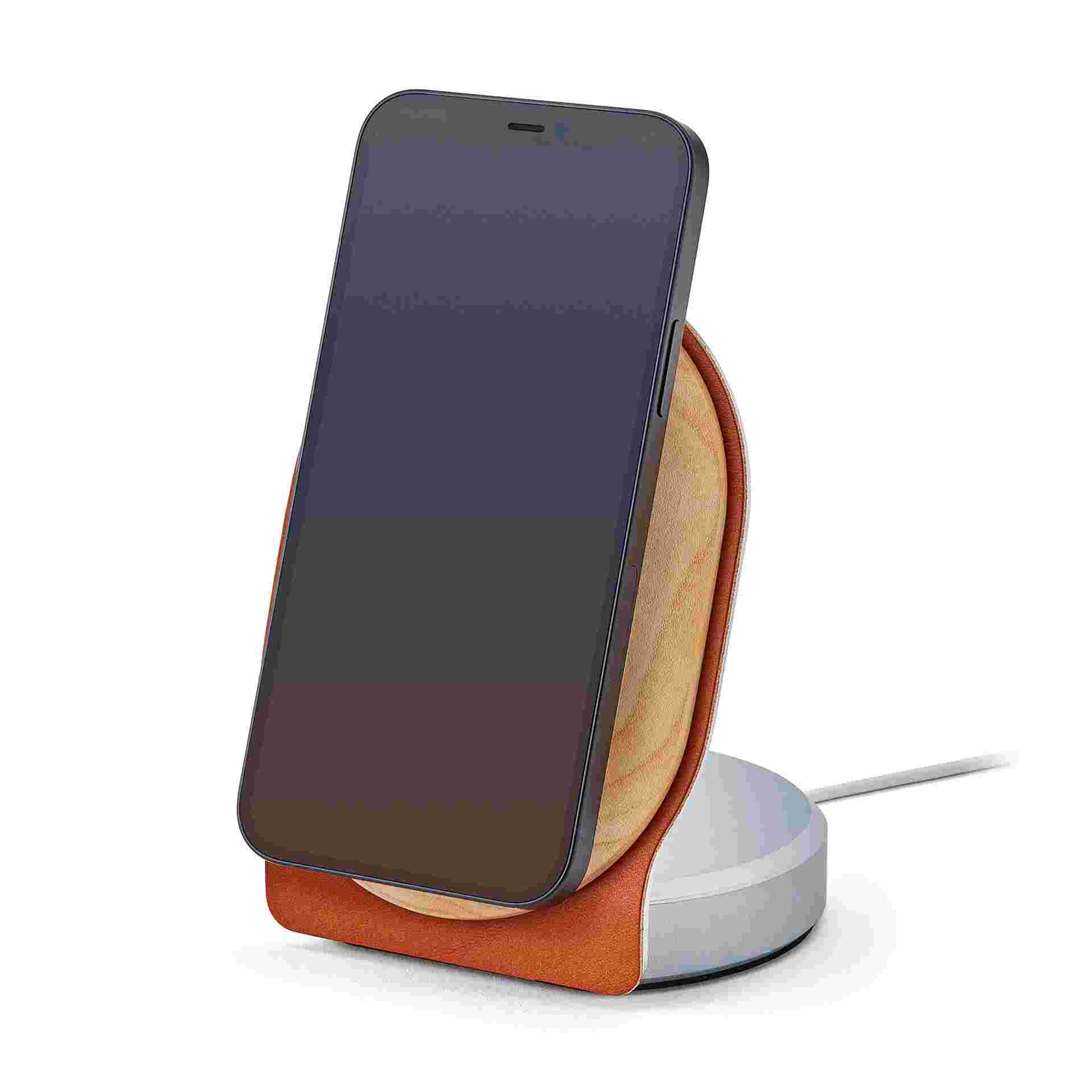 Maple and tan leather MagSafe Dock for iPhone 12.