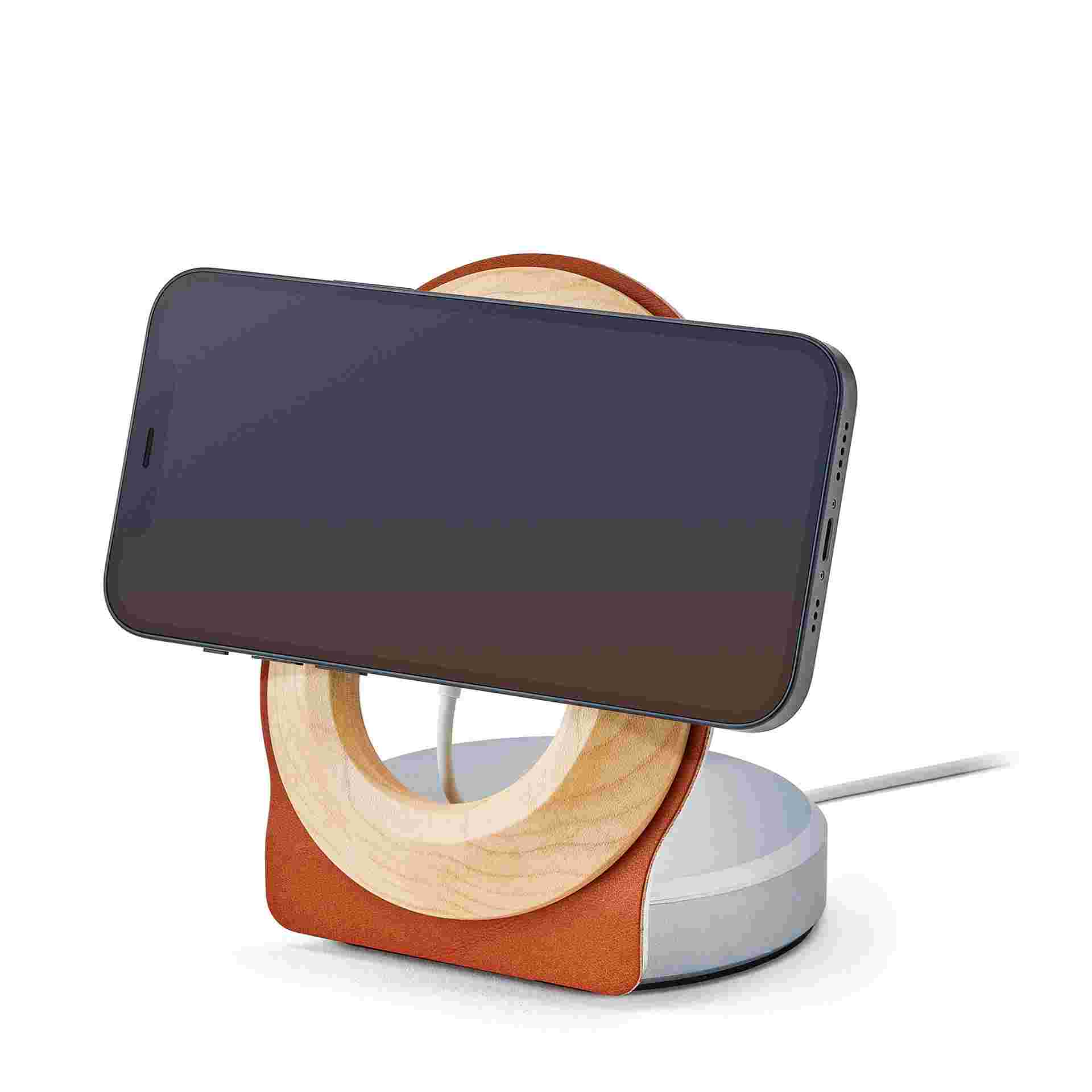 Maple and tan leather MagSafe Dock for iPhone 12 in landscape mode.