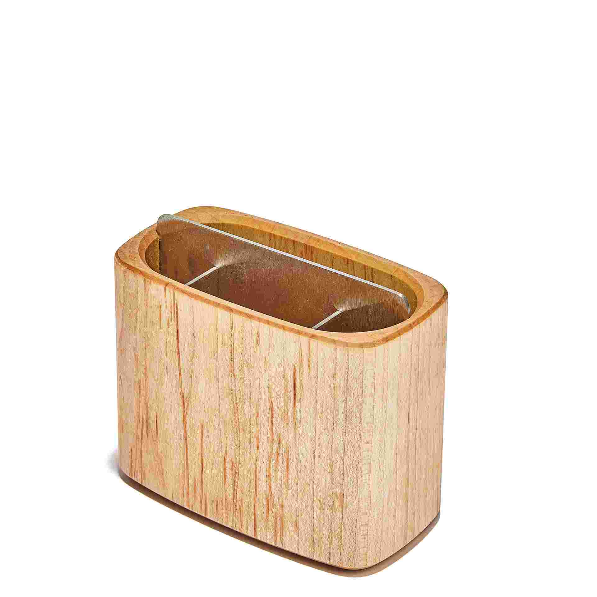 Empty double wide maple tool holder divided into six compartments.