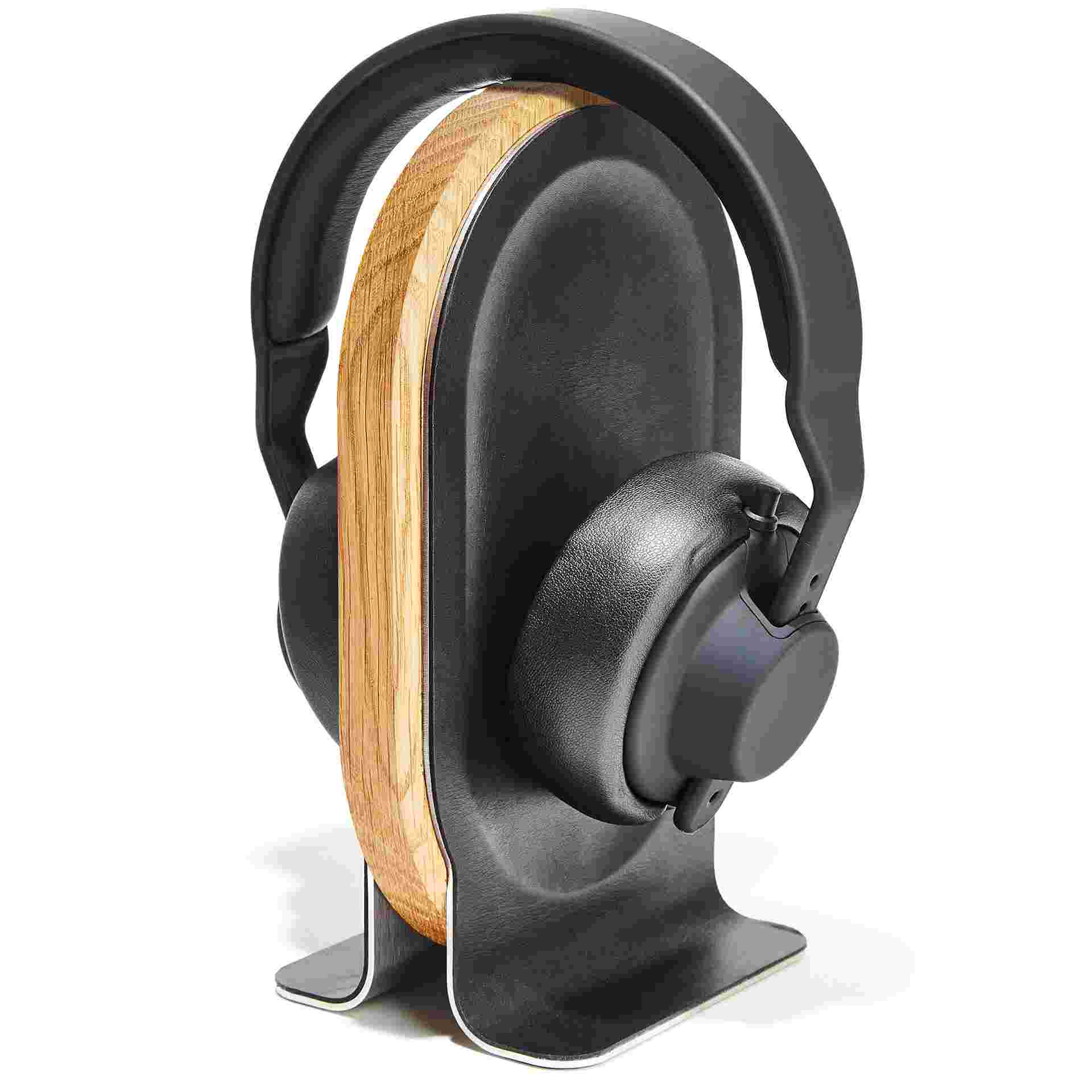 3/4 view of the Oak Wood Headphone Stand featuring premium leather inlay.