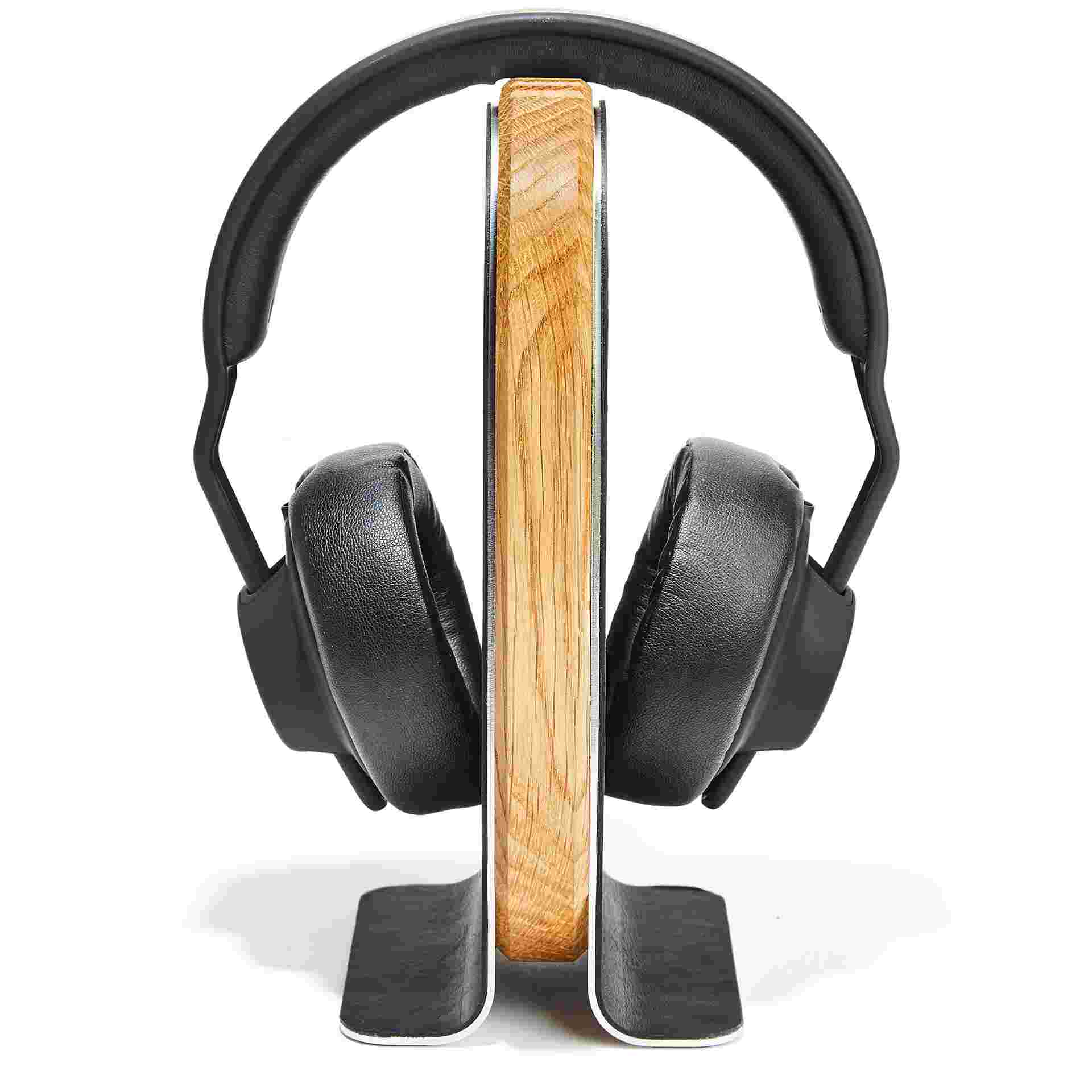 Front view of the Oak Wood Headphone Stand featuring premium leather inlay.