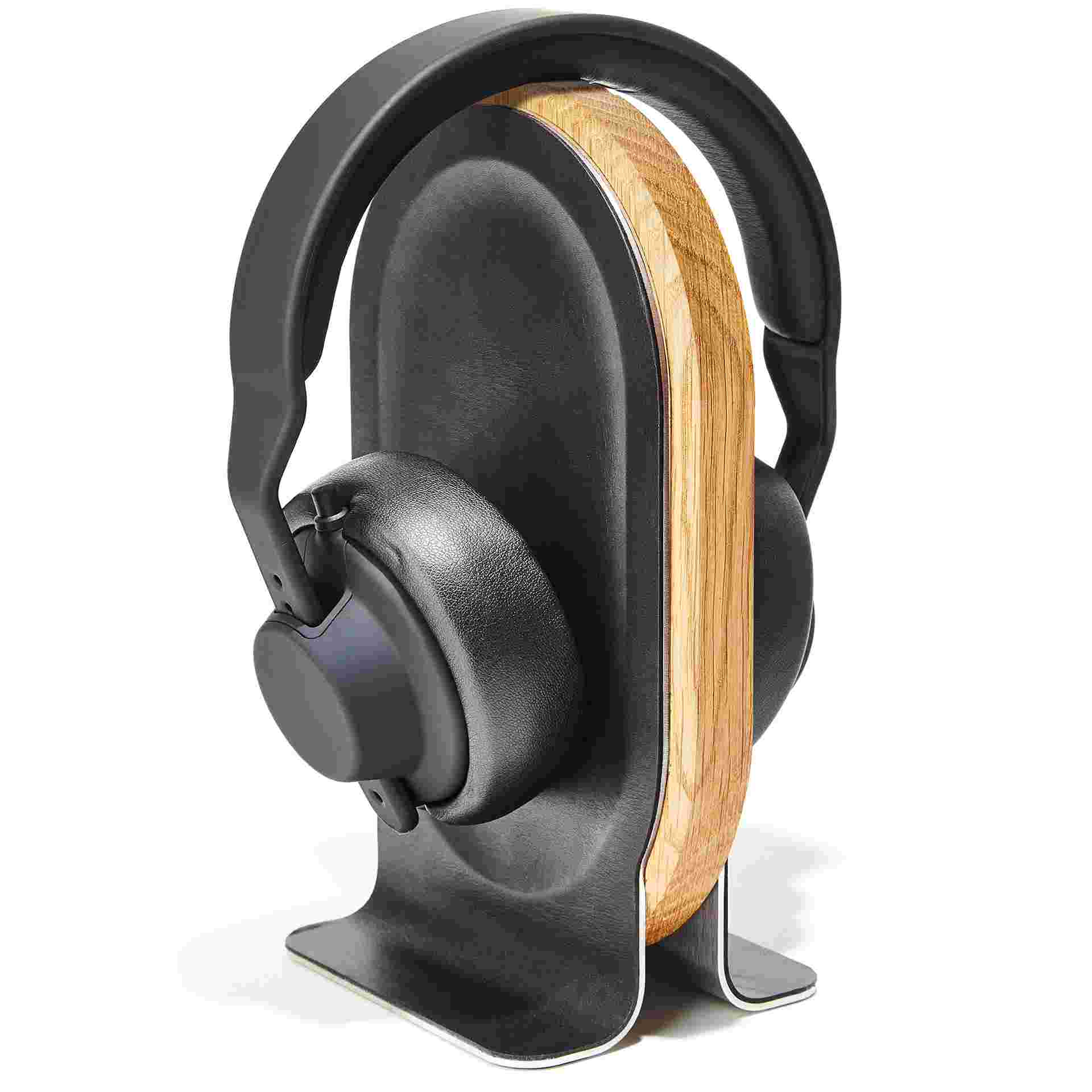 Rotation view of the Oak Wood Headphone Stand featuring premium leather inlay.