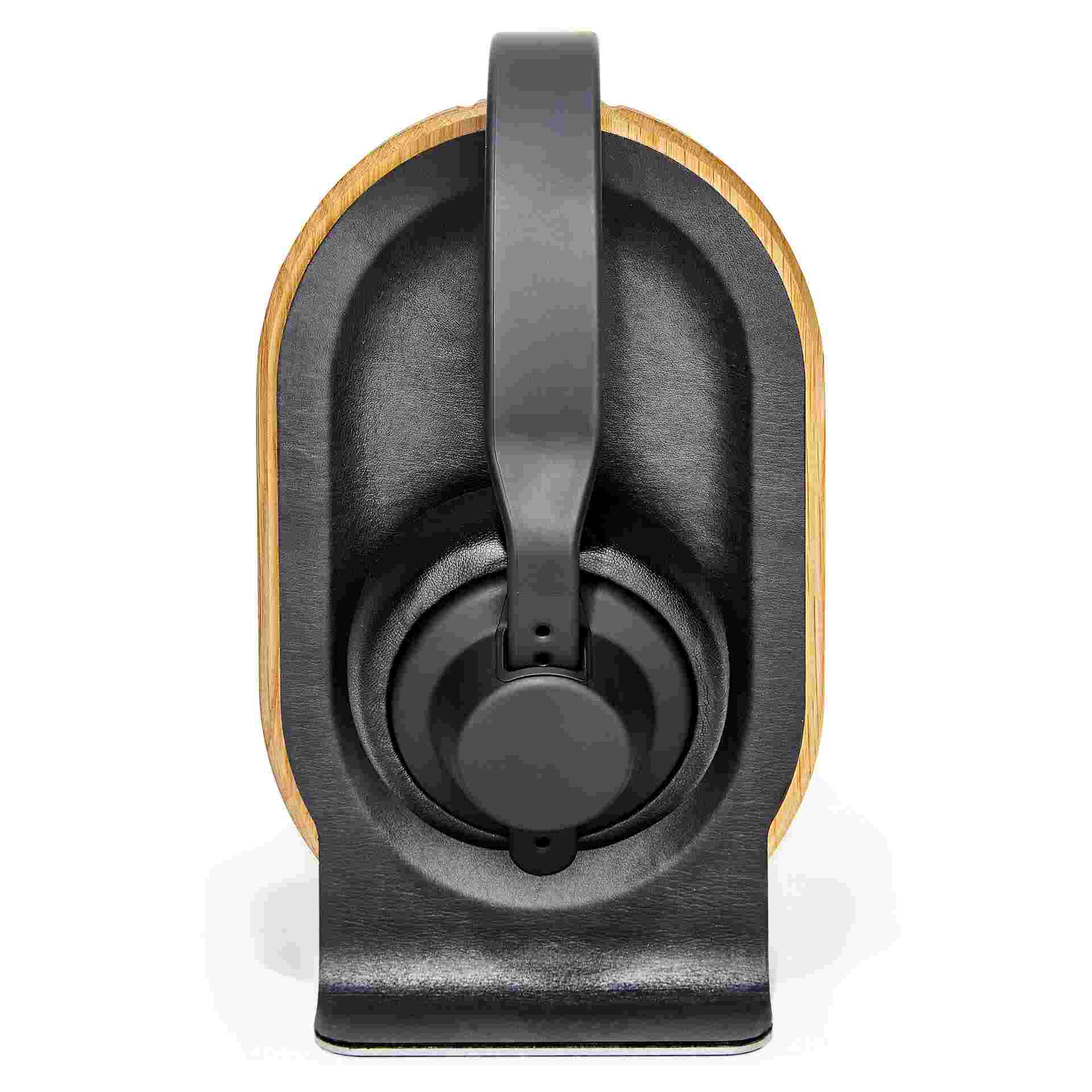 Side view of the Oak Wood Headphone Stand featuring premium leather inlay.