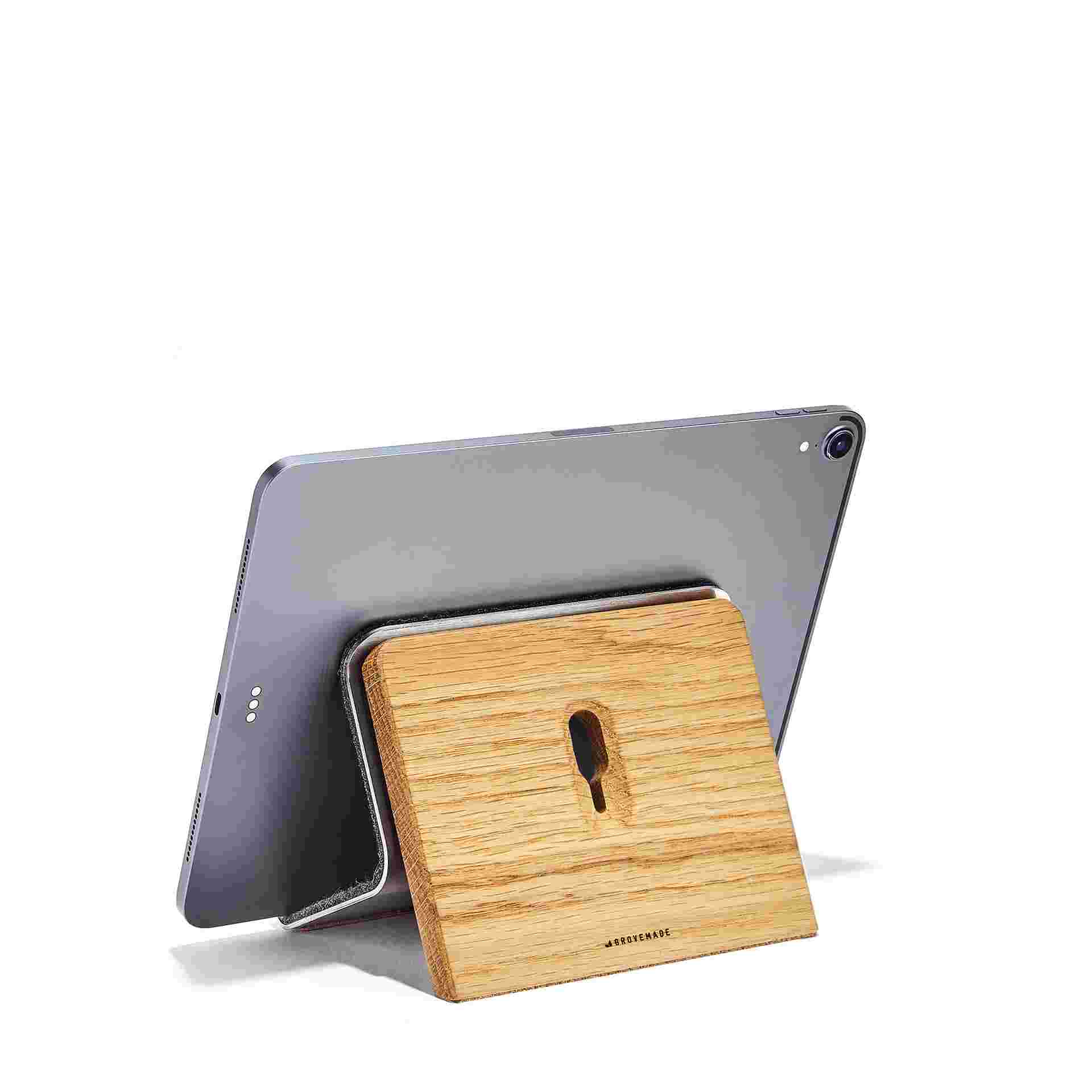 Rear view of Oak iPad Stand with 11" iPad Pro in landscape orientation.