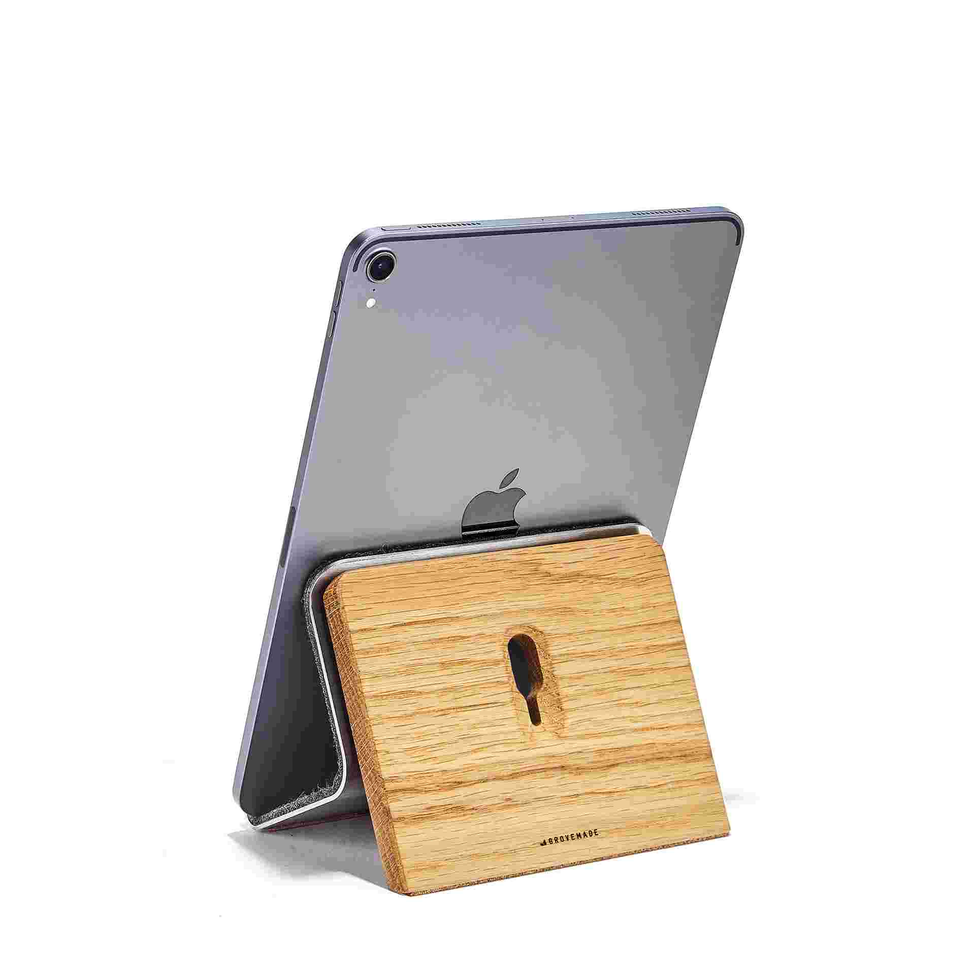 Rear view of Oak iPad Stand with 11" iPad Pro.