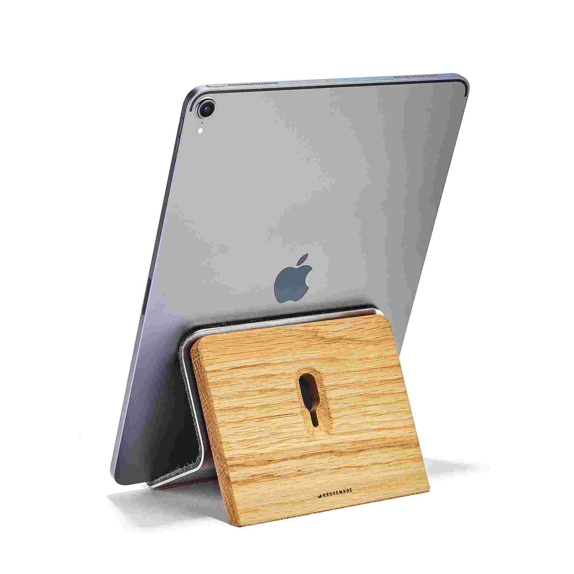 Rear view of Oak iPad Stand with 12.9" iPad Pro.