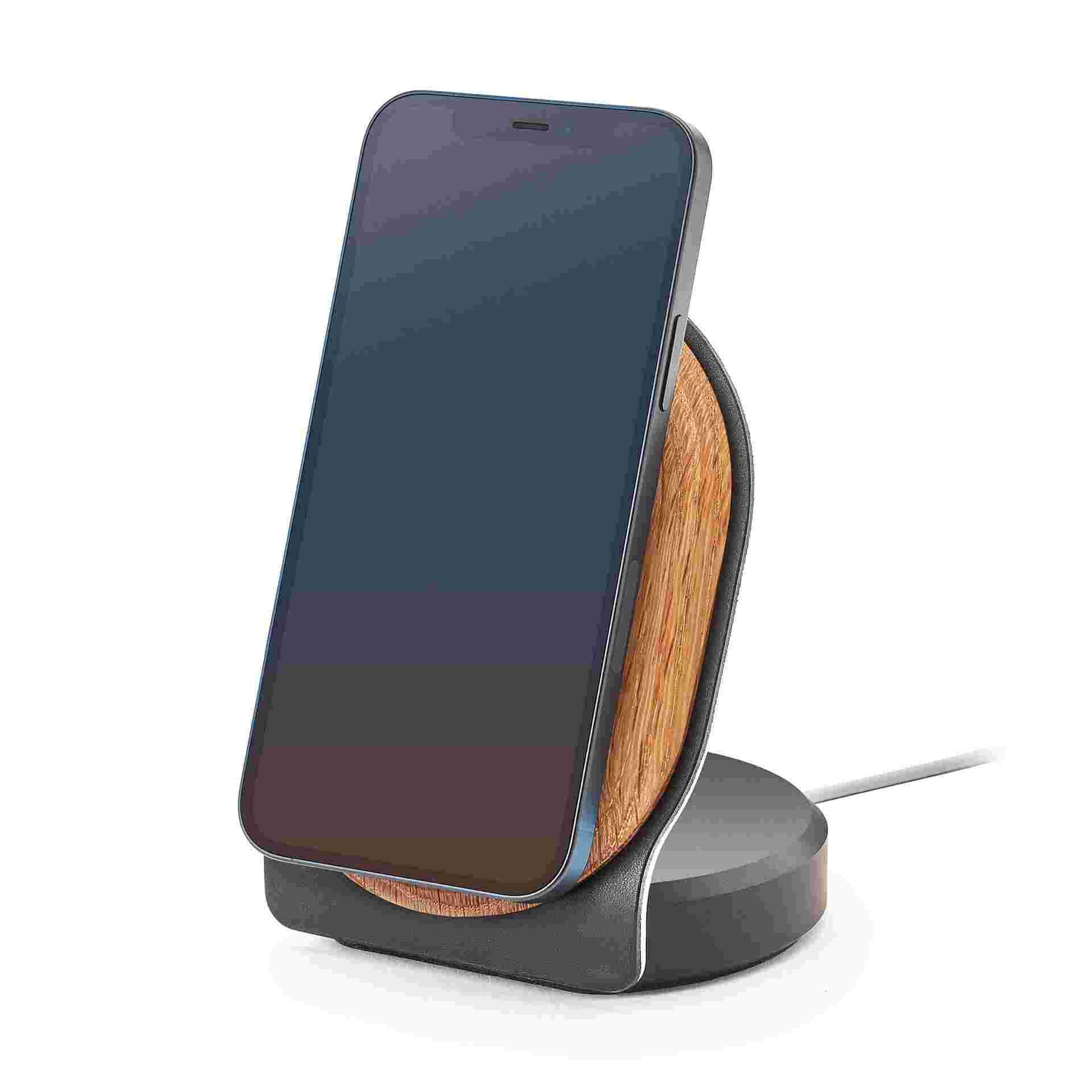 Oak and black leather MagSafe Dock for iPhone 12.