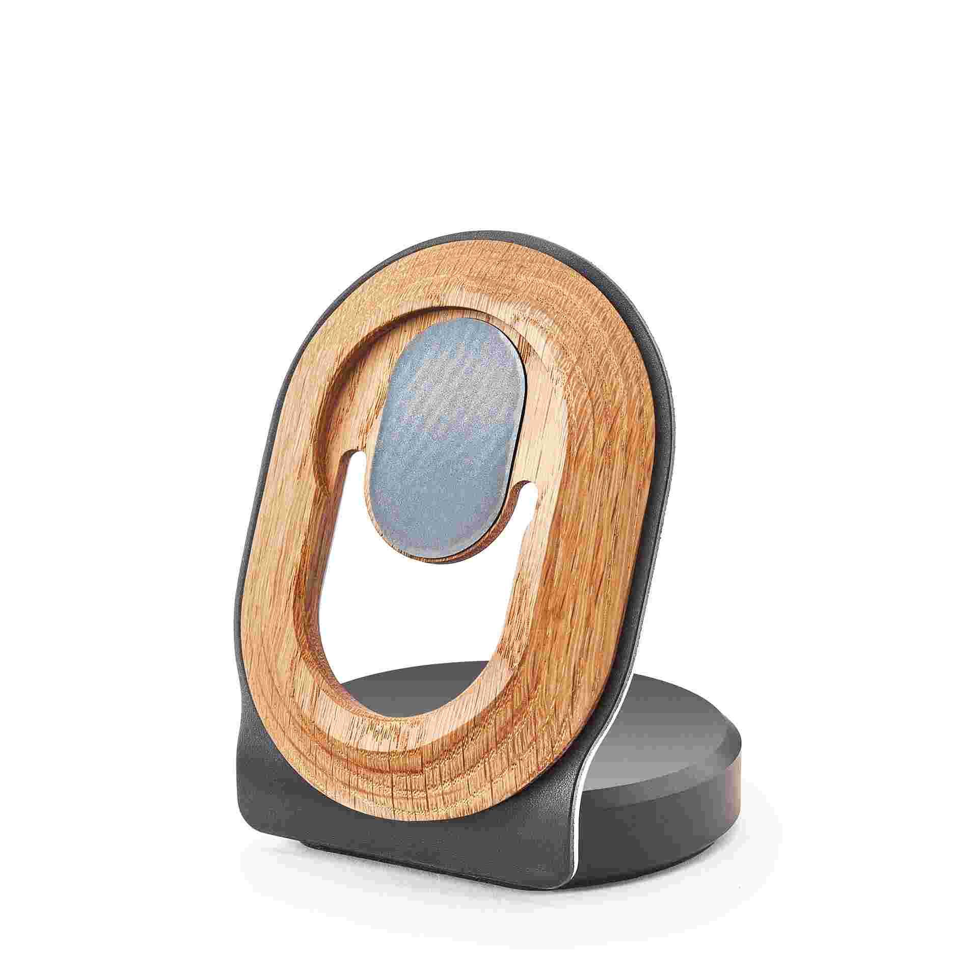 Oak and black leather MagSafe Dock without MagSafe installed.