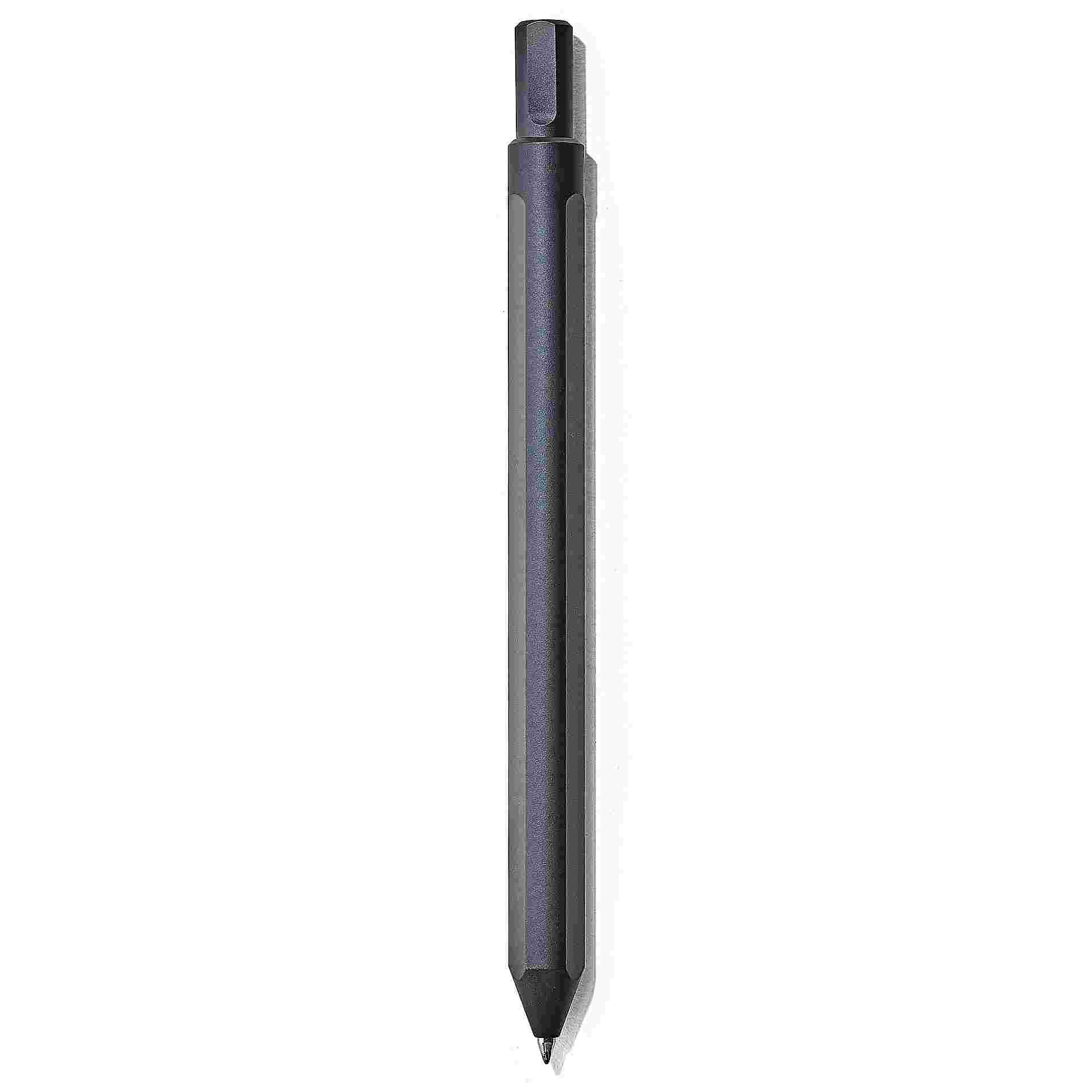 Black minimalist pen with twist top turned to extend tip.