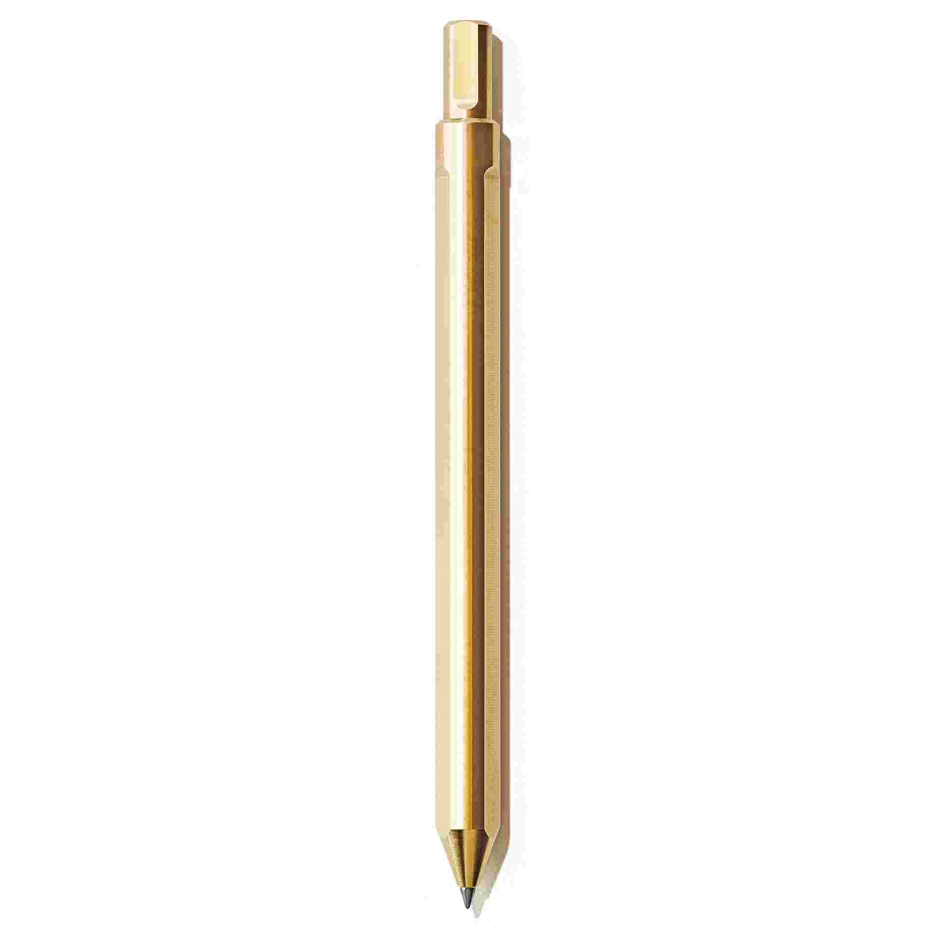 Brass minimalist pen with twist top used to extend tip.