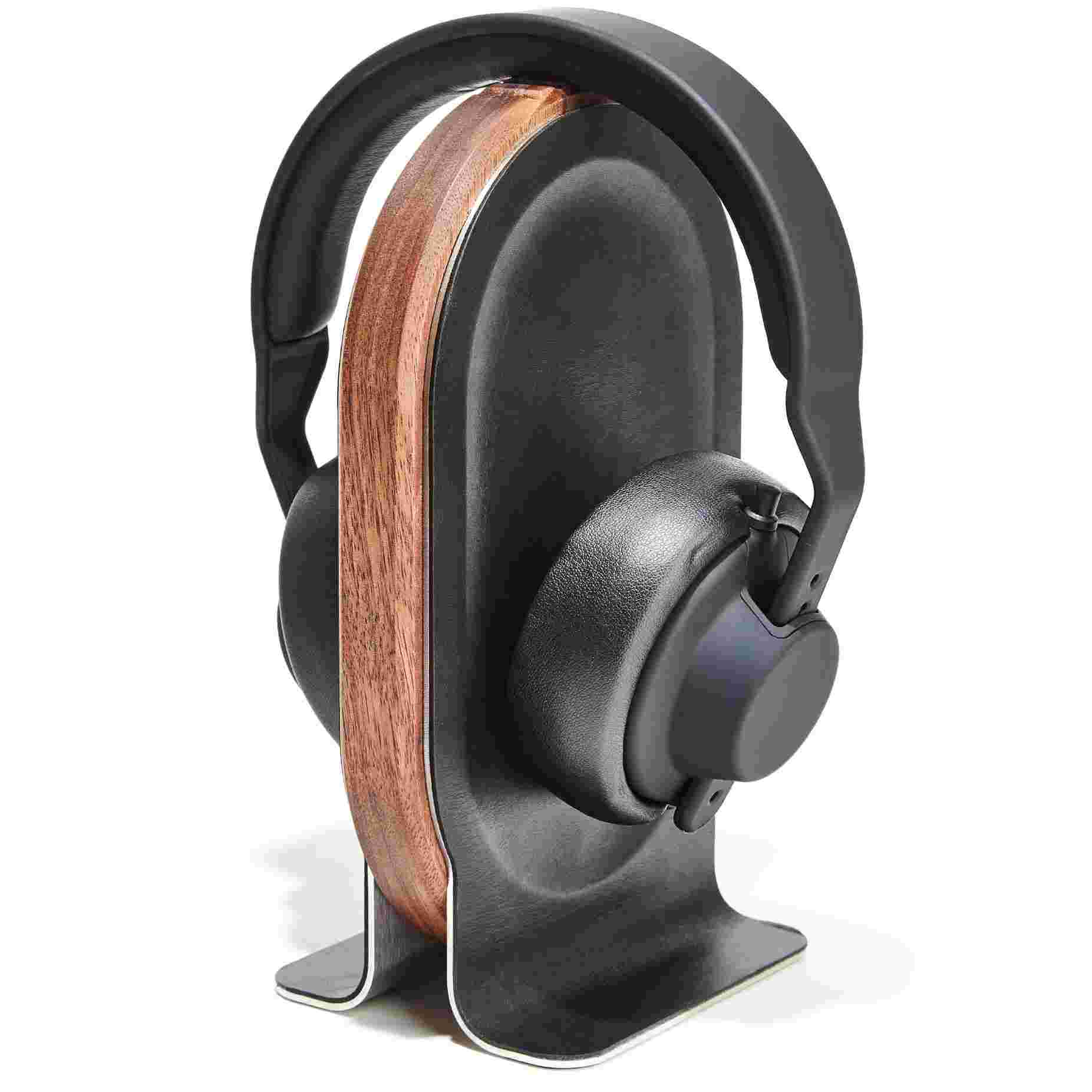 3/4 view of the Walnut Wood Headphone Stand featuring premium leather inlay.