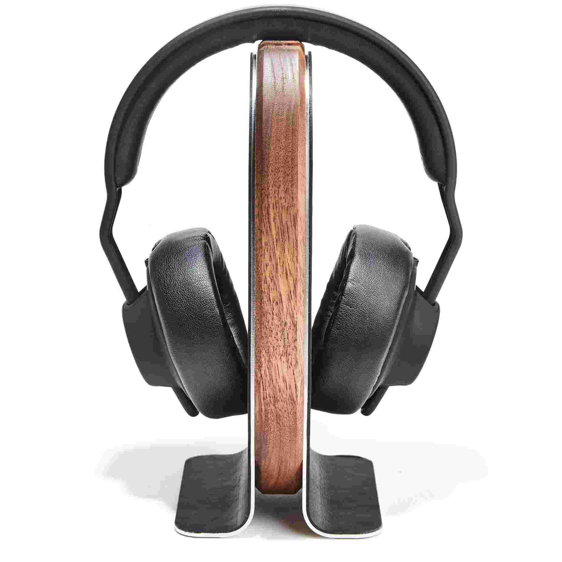 Front view of the Walnut Wood Headphone Stand featuring premium leather inlay.