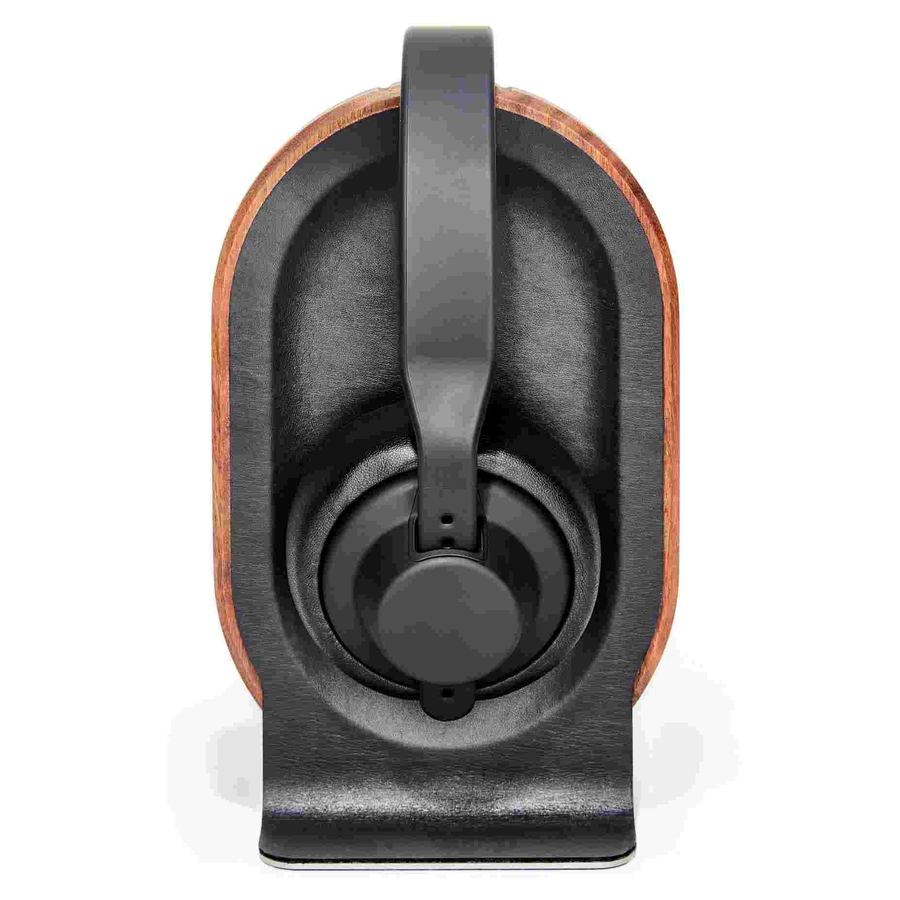 Side view of the Walnut Wood Headphone Stand featuring premium leather inlay.