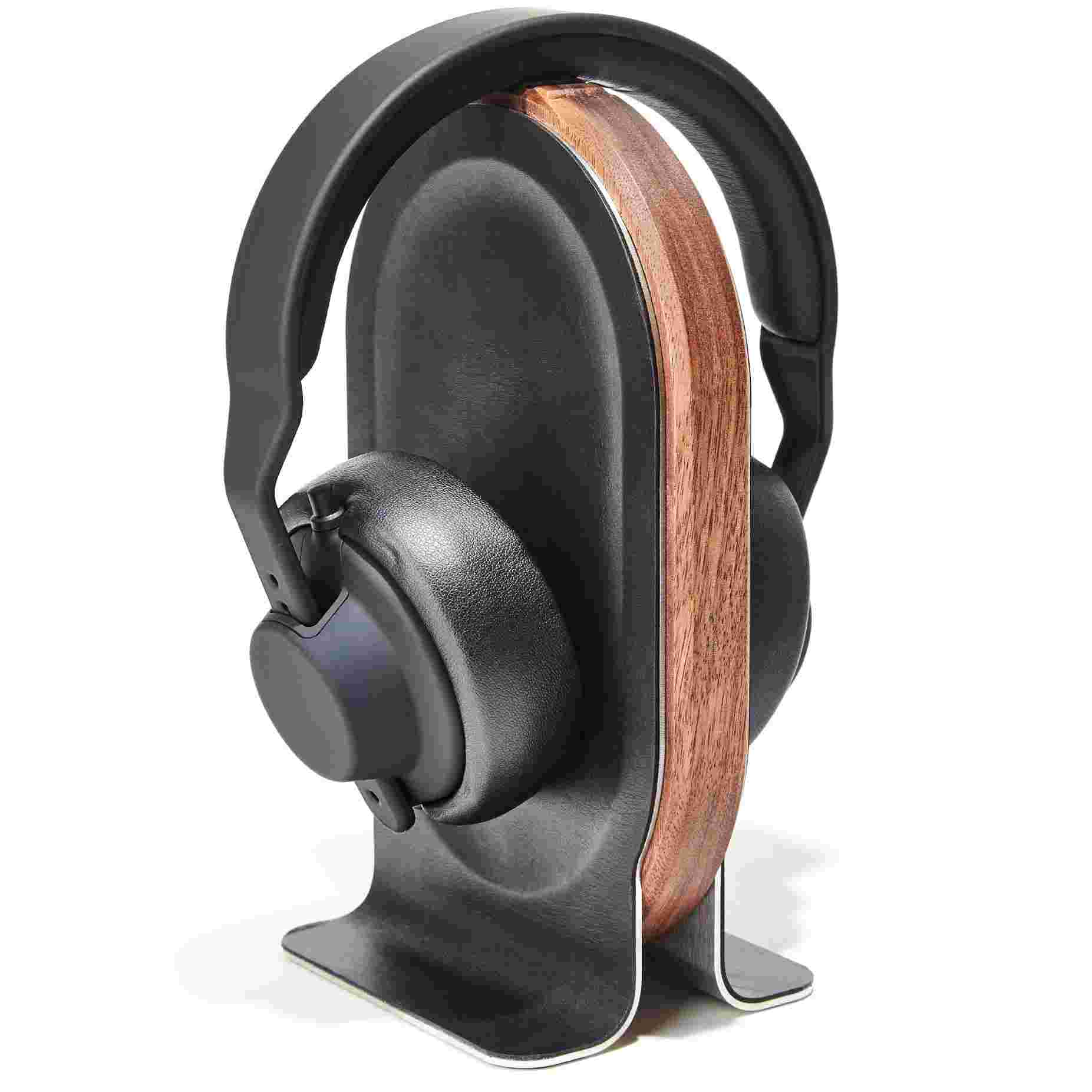 Rotation view of the Walnut Wood Headphone Stand featuring premium leather inlay.
