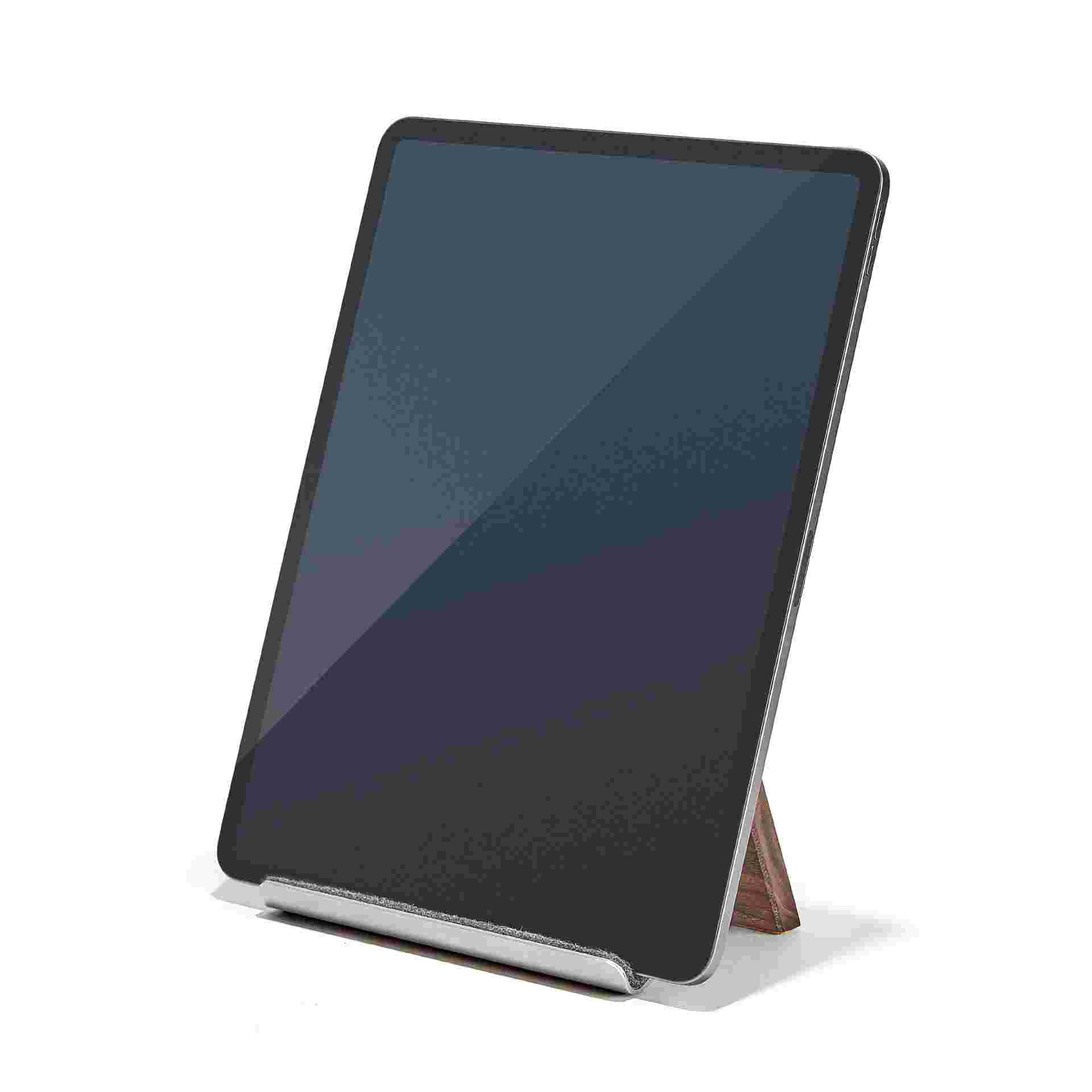 Walnut iPad Stand with 12.9" iPad Pro.