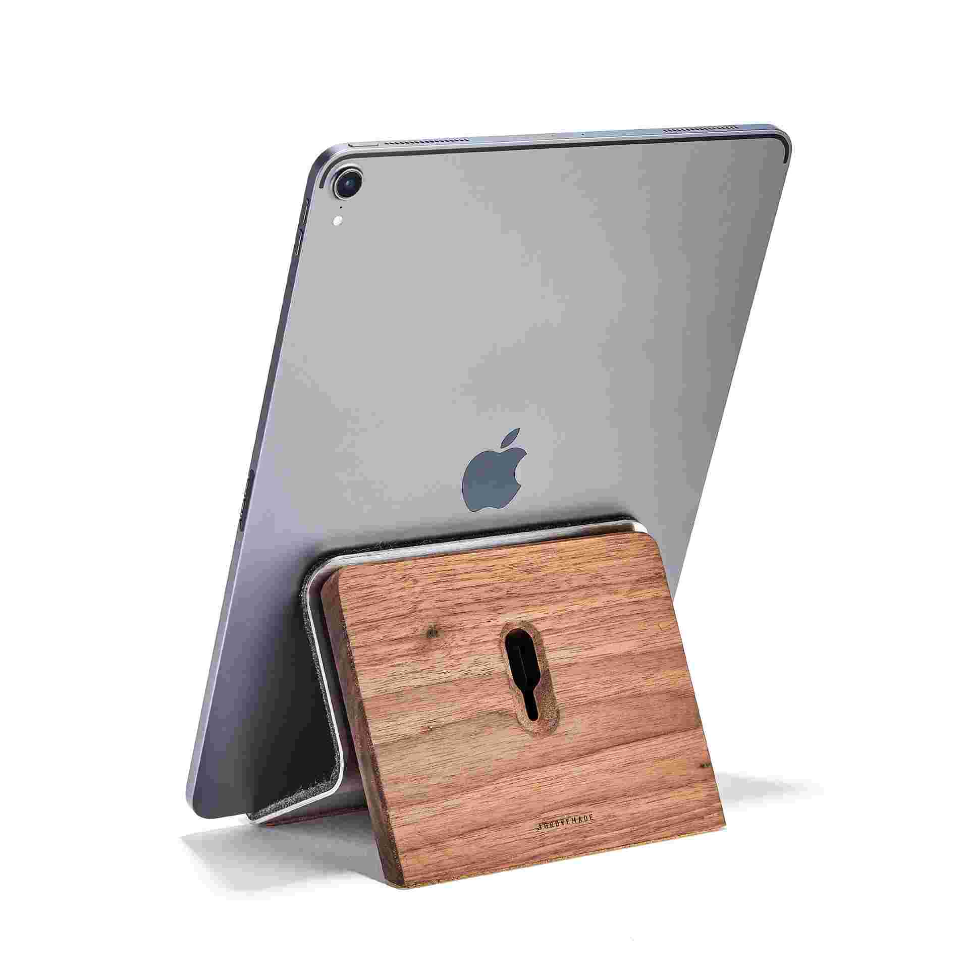 Rear view of Walnut iPad Stand with 12.9" iPad Pro.